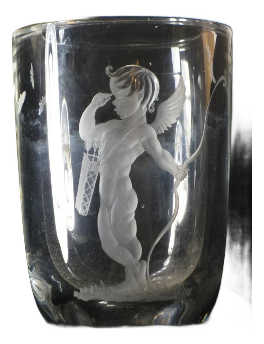 Mid 19th Century Vase Swedish Crystal Cupid Boy, 6" Engraved Naked Cherub, Kjellander Glass: The product is a 6" engraved Swedish crystal vase featuring a naked cherub or cupid boy design. Made by Kjellander, this vase falls under the category of Vases and Decorative Collectibles. Antique