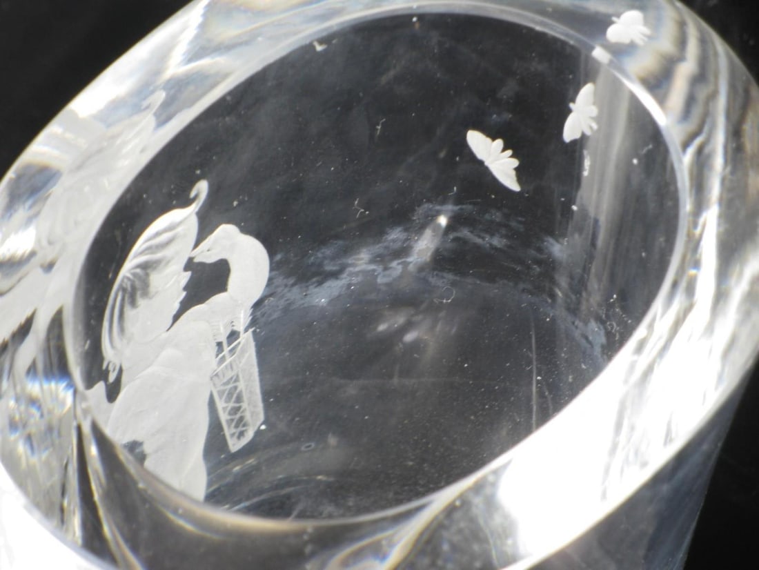 Mid 19th Century Vase Swedish Crystal Cupid Boy, 6" Engraved Naked Cherub, Kjellander Glass - 6