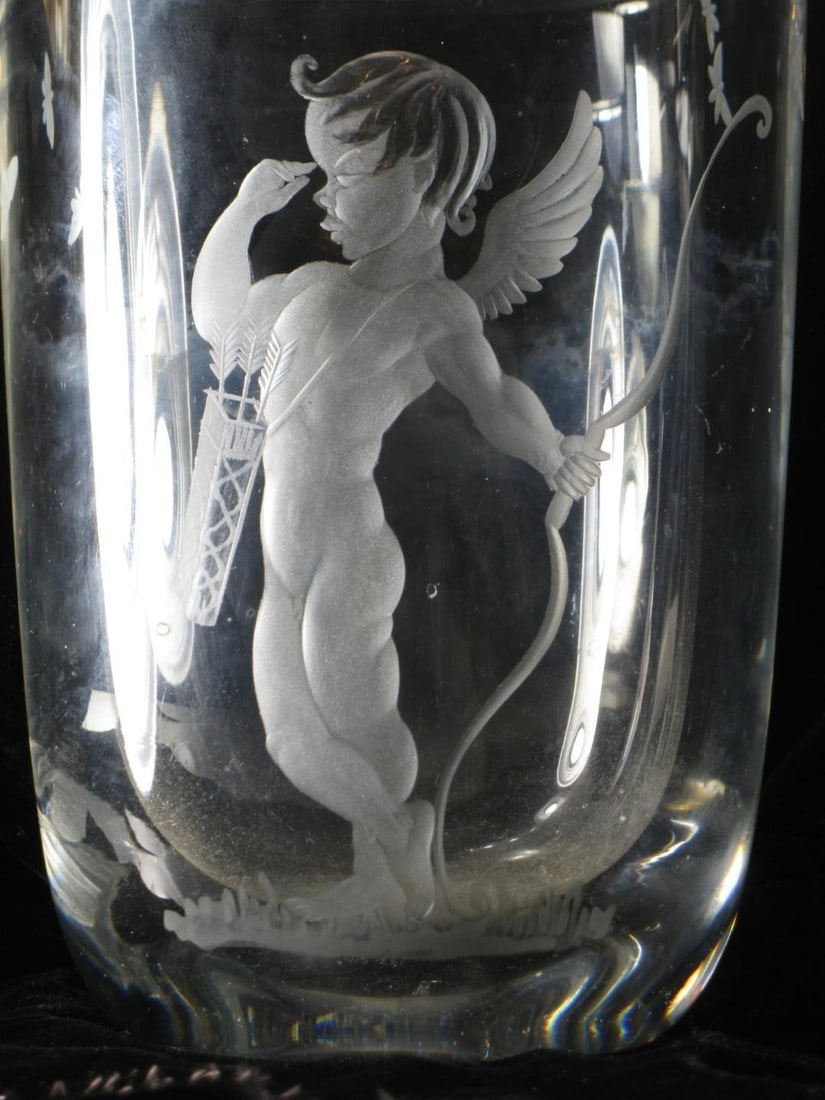 Mid 19th Century Vase Swedish Crystal Cupid Boy, 6" Engraved Naked Cherub, Kjellander Glass - 9