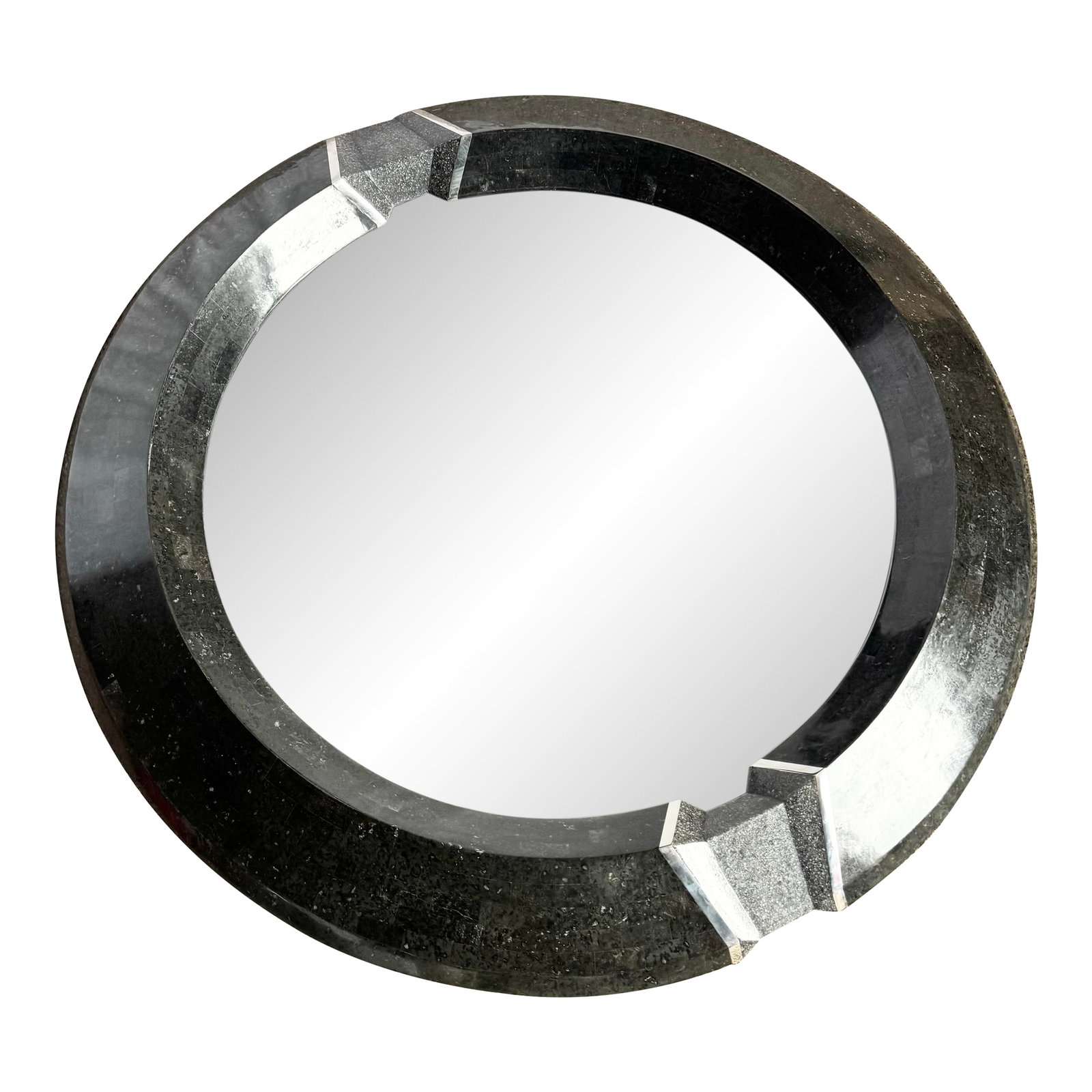 Art Deco Black Tessellated Stone and Chrome Mirror, Maitland Smith Style: Bold and architectural, this Art Deco inspired tessellated stone mirror makes a striking statement with its sculptural circular form and dramatic contrast. The deep black stone frame is accented by fa