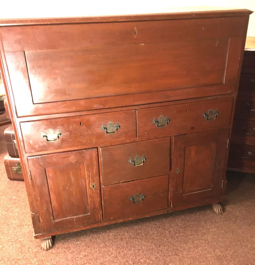 19thc Medical Paw Foot Cabinet Desk W/Original Milk Paint & Colored Glass Panels - 13