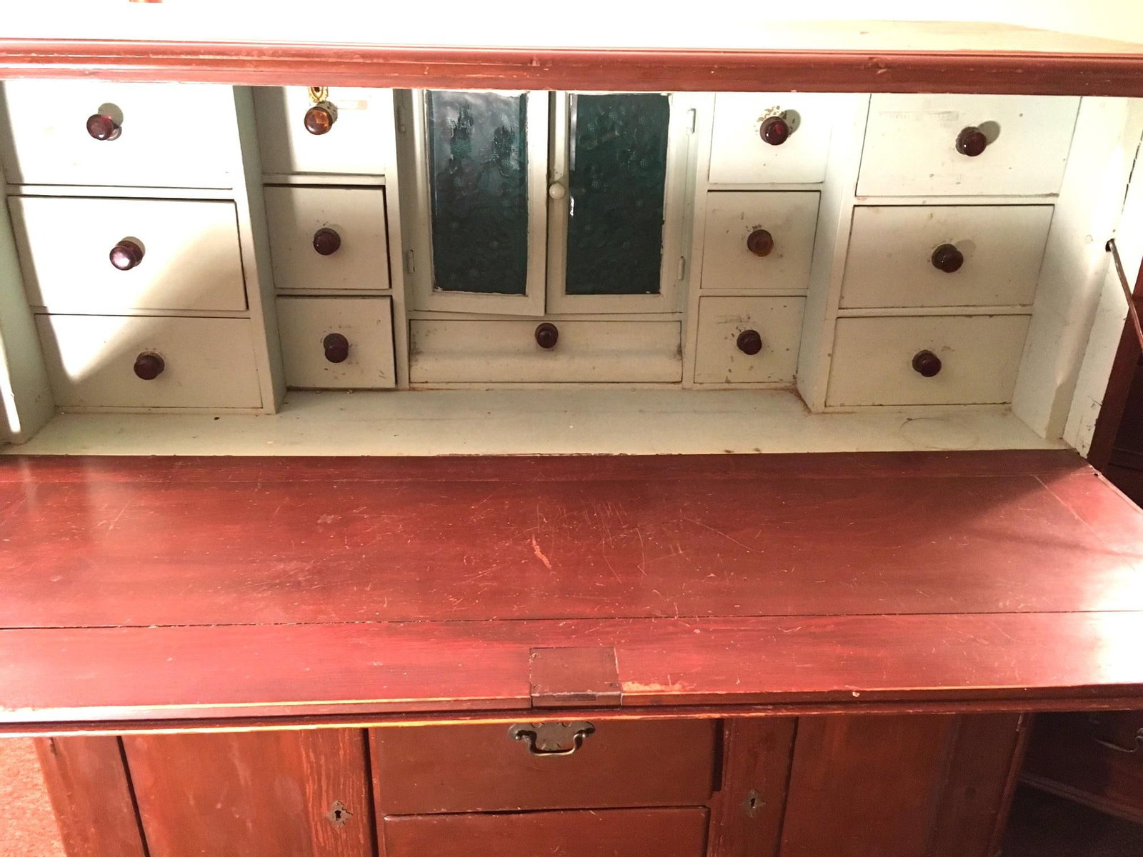 19thc Medical Paw Foot Cabinet Desk W/Original Milk Paint & Colored Glass Panels - 14