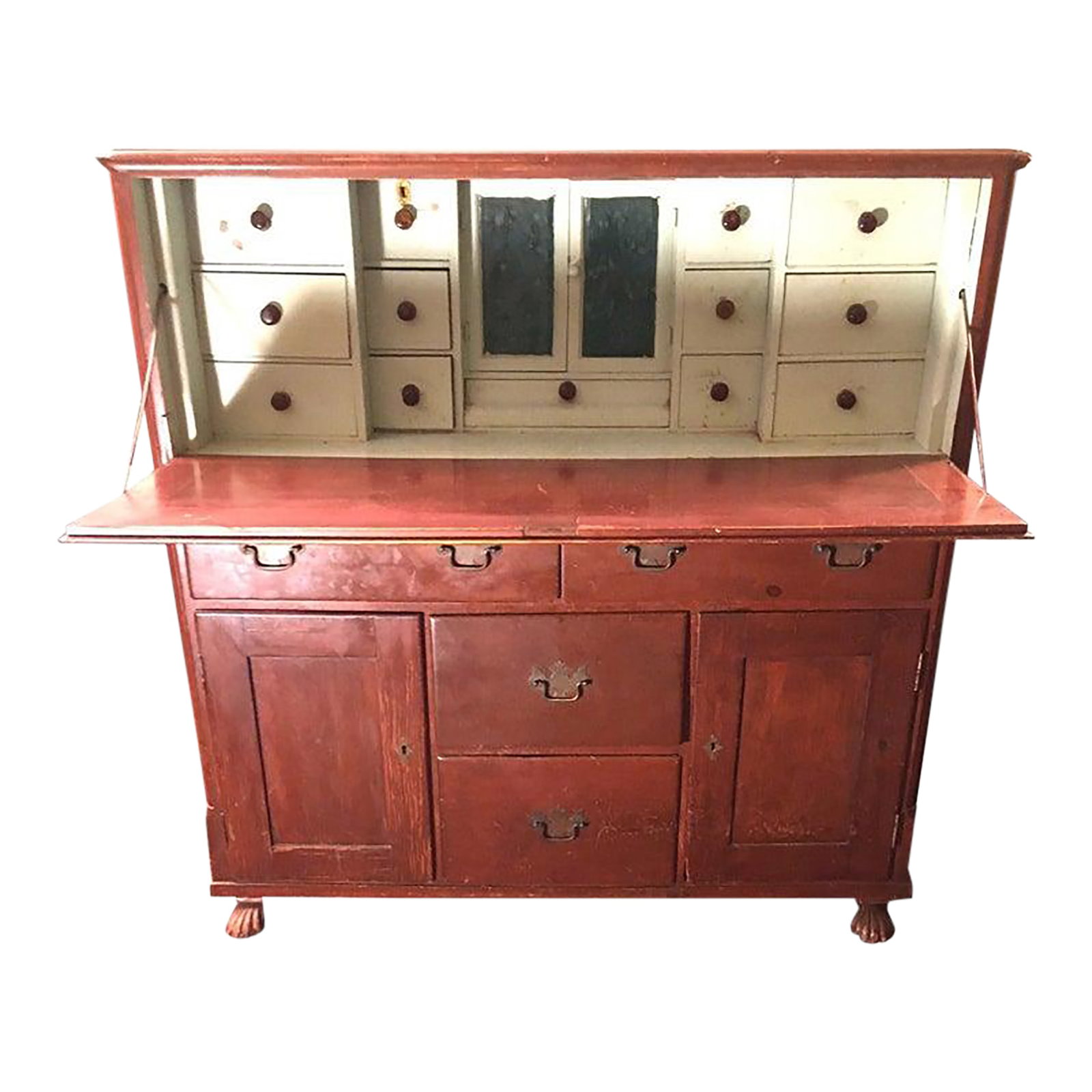19thc Medical Paw Foot Cabinet Desk W/Original Milk Paint & Colored Glass Panels (1 of 18)