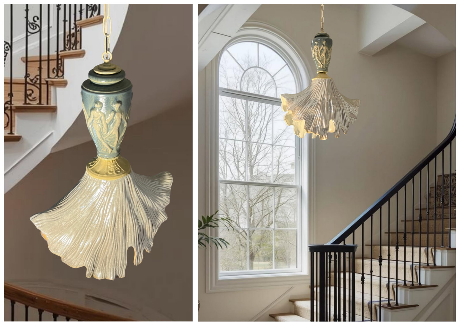 Vintage Light Blue Cream Goddess Ceramic Pendant Light - 13