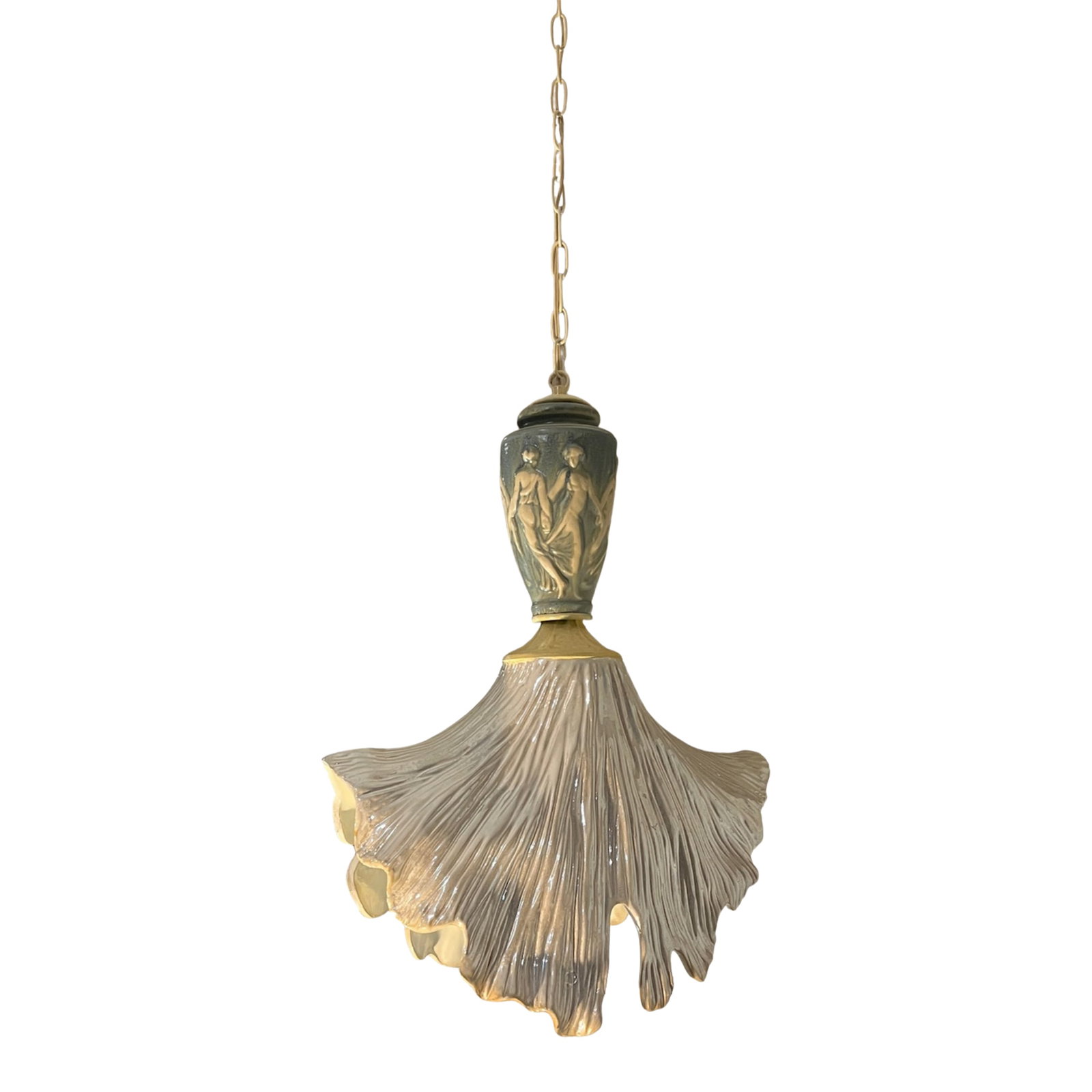 Vintage Light Blue Cream Goddess Ceramic Pendant Light: This one-of-a-kind pendant light is thoughtfully composed from vintage ceramic and reclaimed lamp parts, blending sculptural artistry with warm illumination. Measuring 25 inches tall, 18 inches wide,