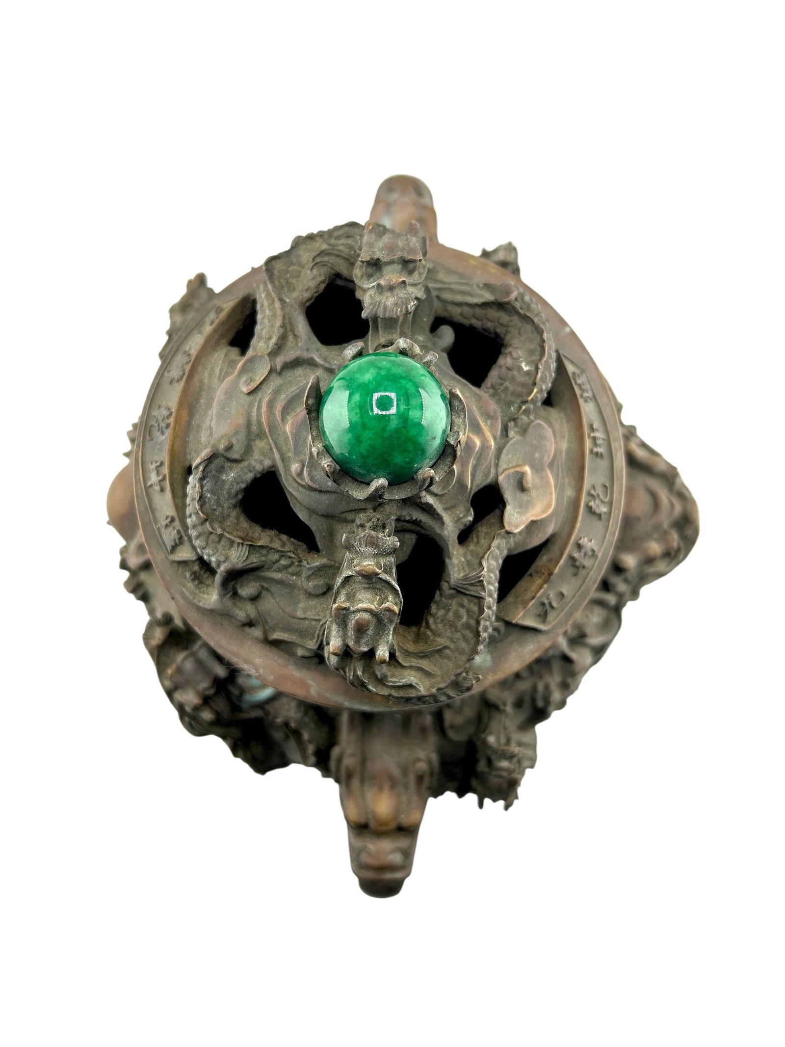 Antique Chinese Bronze Censer With Jade Orb Finial – Dragon Temple Incense Burner - 11