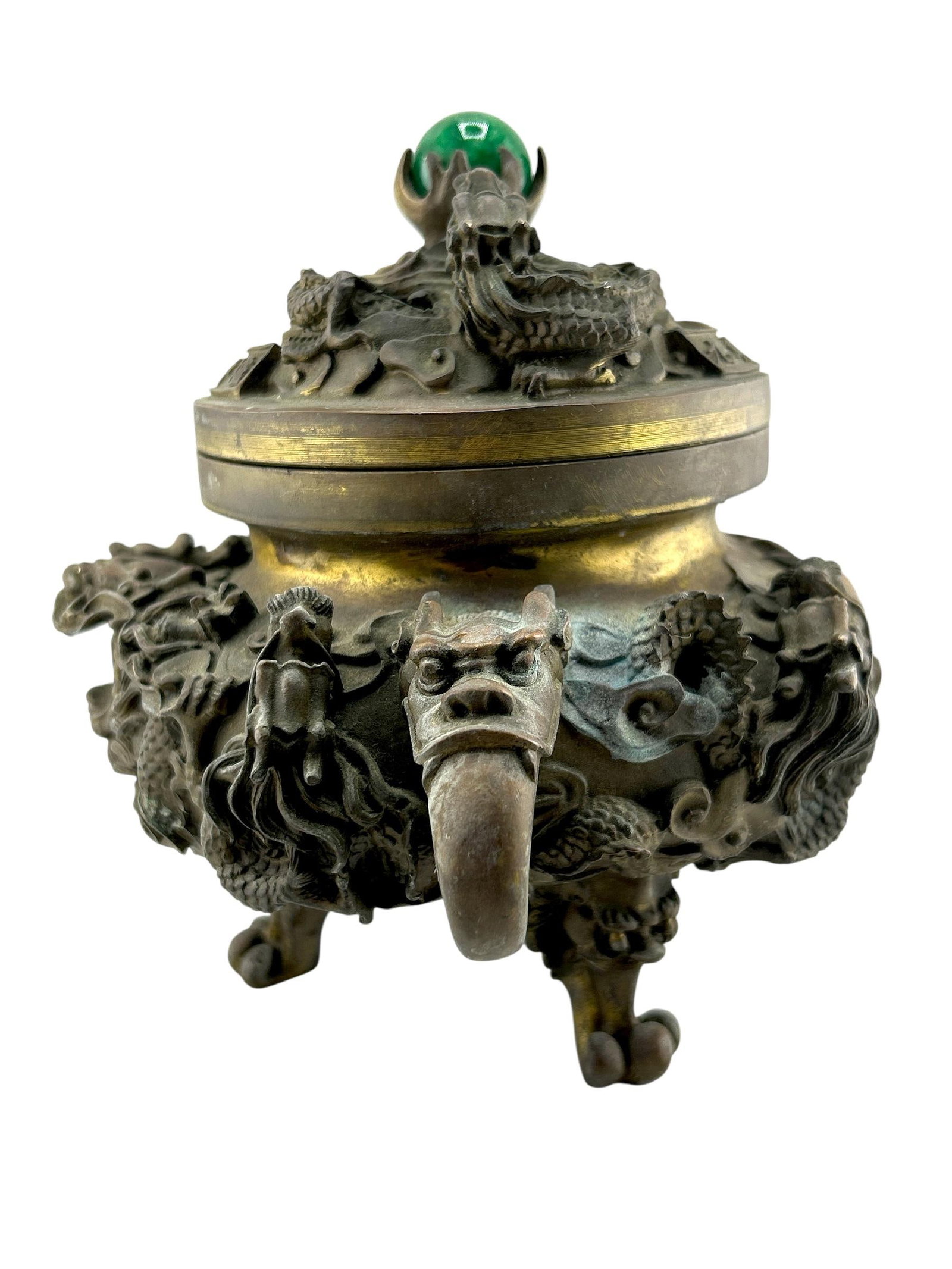 Antique Chinese Bronze Censer With Jade Orb Finial – Dragon Temple Incense Burner - 4