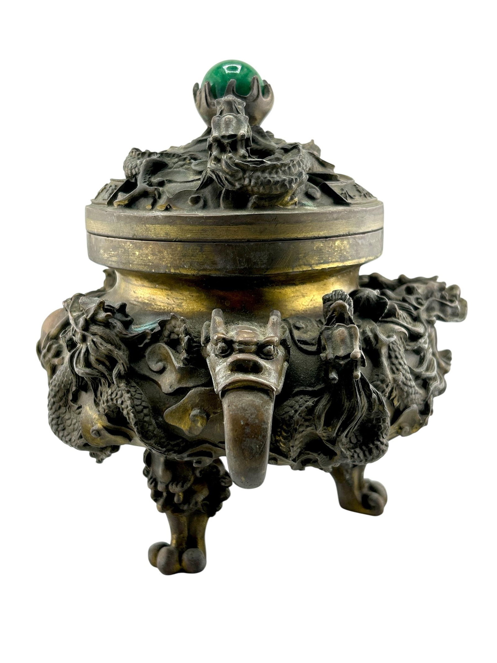 Antique Chinese Bronze Censer With Jade Orb Finial – Dragon Temple Incense Burner - 5