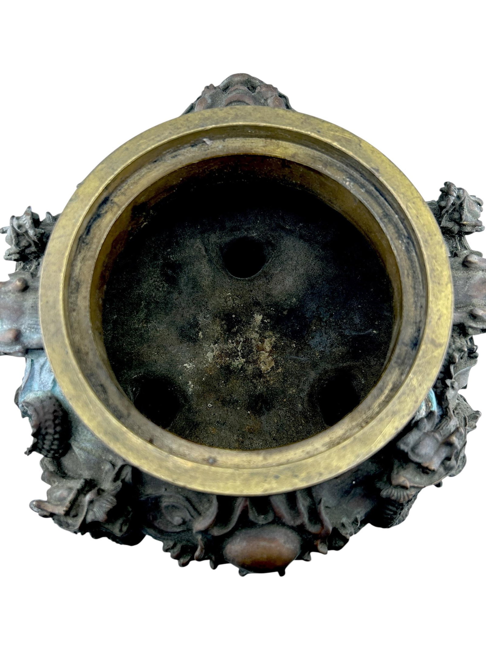 Antique Chinese Bronze Censer With Jade Orb Finial – Dragon Temple Incense Burner - 8