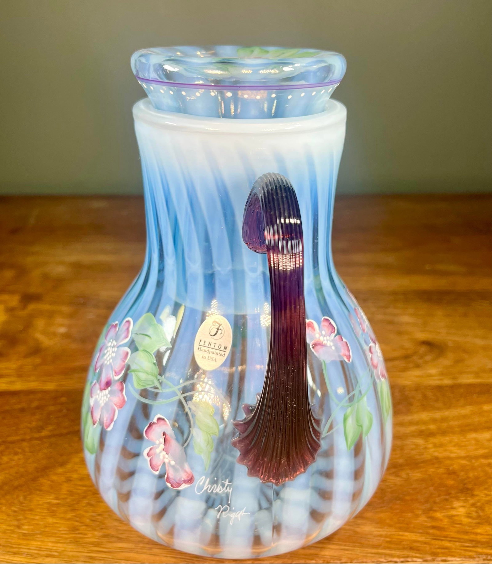 Late 20th Century Fenton Misty Blue Opalescent Art Glass Pitcher - 4