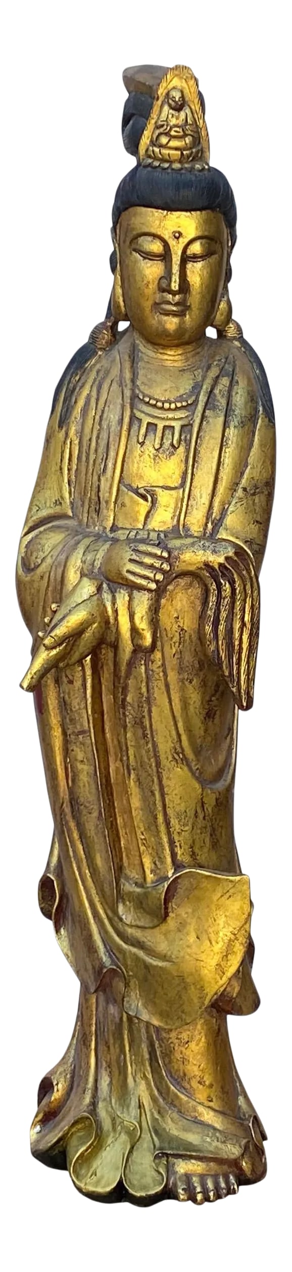 Chinese Rustic Distressed Golden Paint Kwan Yin Buddha Statue: This is a Chinese wooden Kwan Yin Tara Avalokitesvara Bodhisattva Buddha statue with distressed golden color paint. It is carved with a detailed motif base. Wear-out crack marks on the body.
