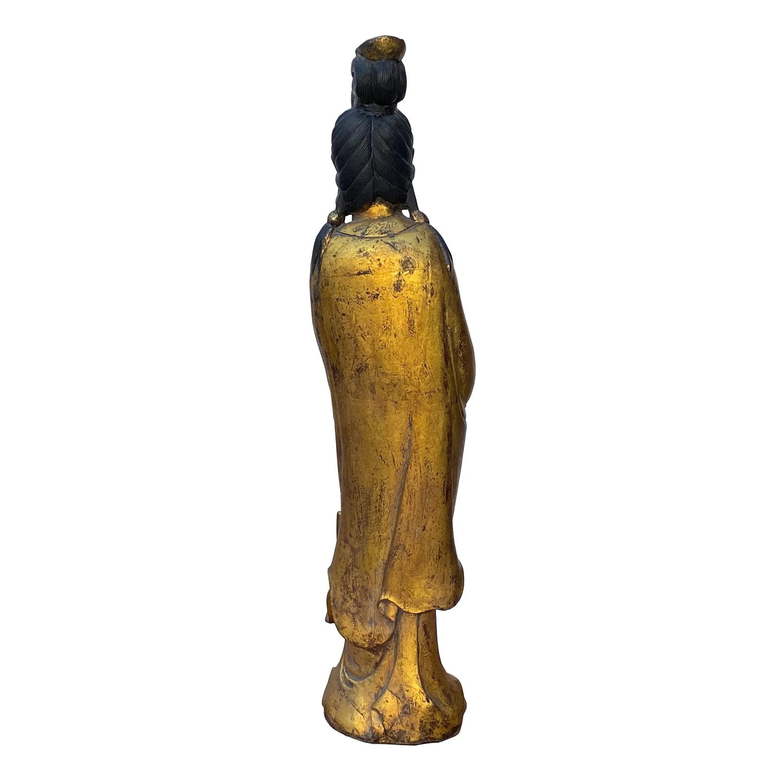 Chinese Rustic Distressed Golden Paint Kwan Yin Buddha Statue - 3