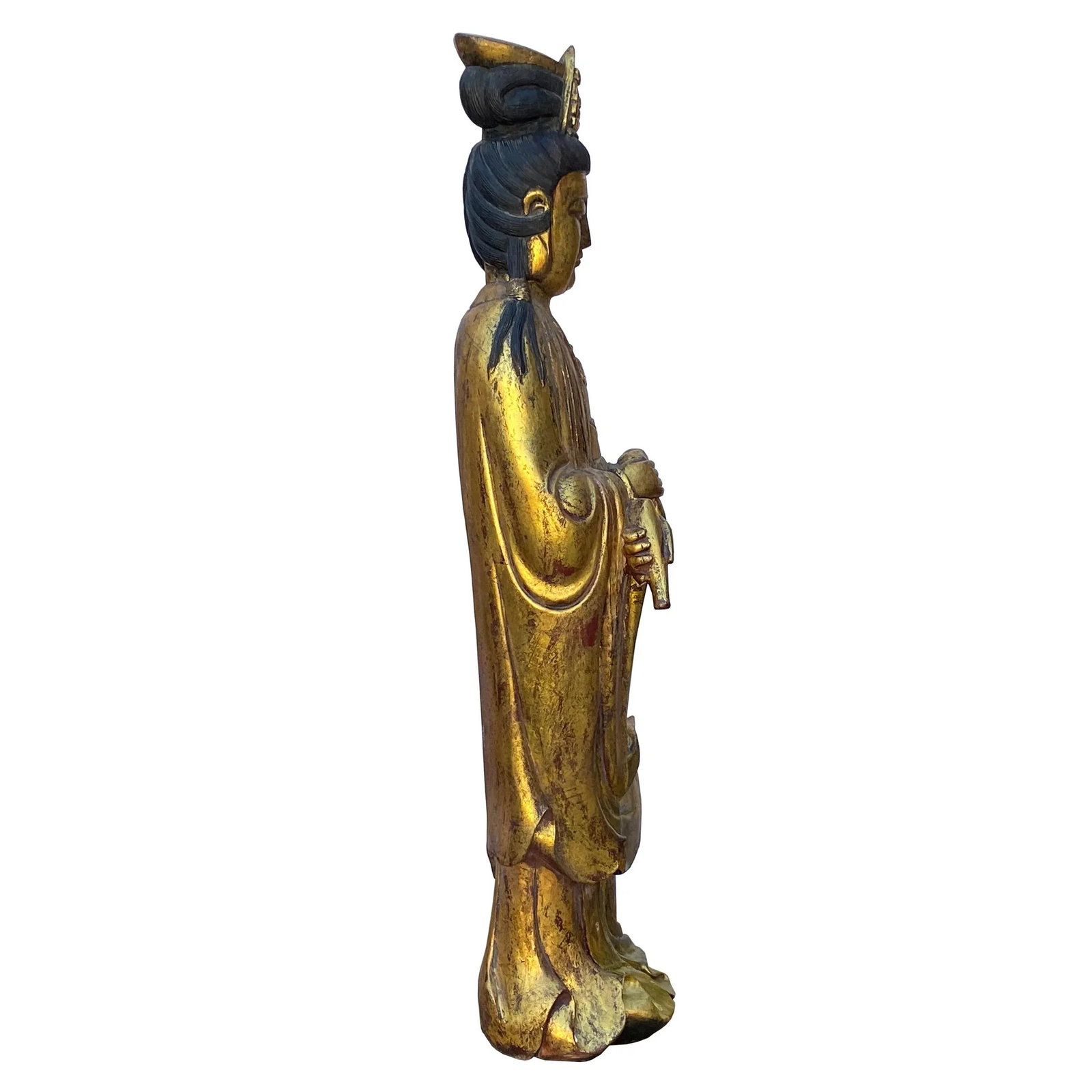 Chinese Rustic Distressed Golden Paint Kwan Yin Buddha Statue - 6