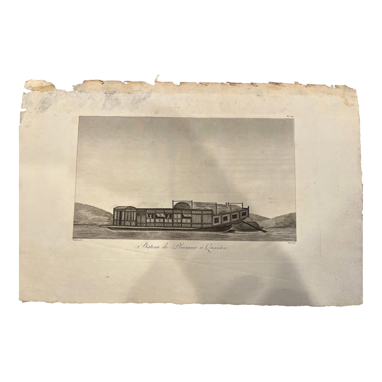 Antique 1808 De Guignes Engraving Bateau De Plaisance Canton China Boat: Original 1808 Copper Engraving: "Bateau de Plaisance Ã Quanton" This is an authentic early 19th-century copperplate engraving from Chrétien-Louis-Joseph de Guignes' landmark atlas