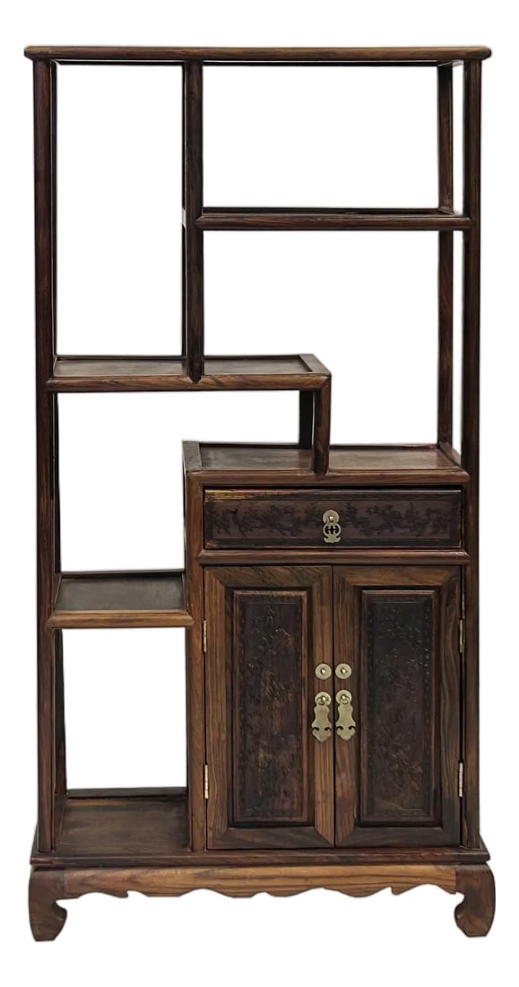 Chinese Brown Rosewood Rectangular Small Curio Display Stand: This elegant miniature display cabinet (often referred to as a Bogu-jia or "curio shelf") is a masterful example of traditional Chinese scholar's furniture scaled for a tabletop. Crafted from a