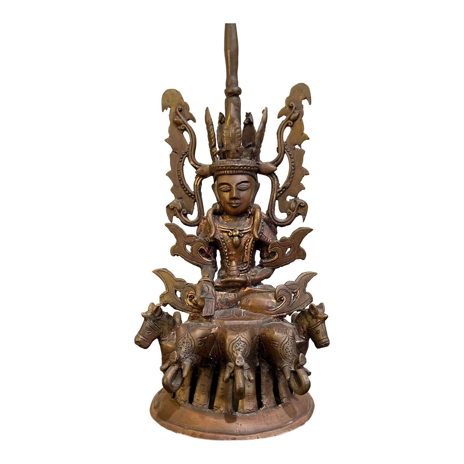 Mid 20th Century Indian Dhokra Bronze Surya Sun God Sculpture: An exquisite example of traditional Dhokra (lost-wax) casting, this vintage bronze sculpture depicts Surya, the Hindu Sun God, seated upon his chariot drawn by seven horses. Handcrafted in India,