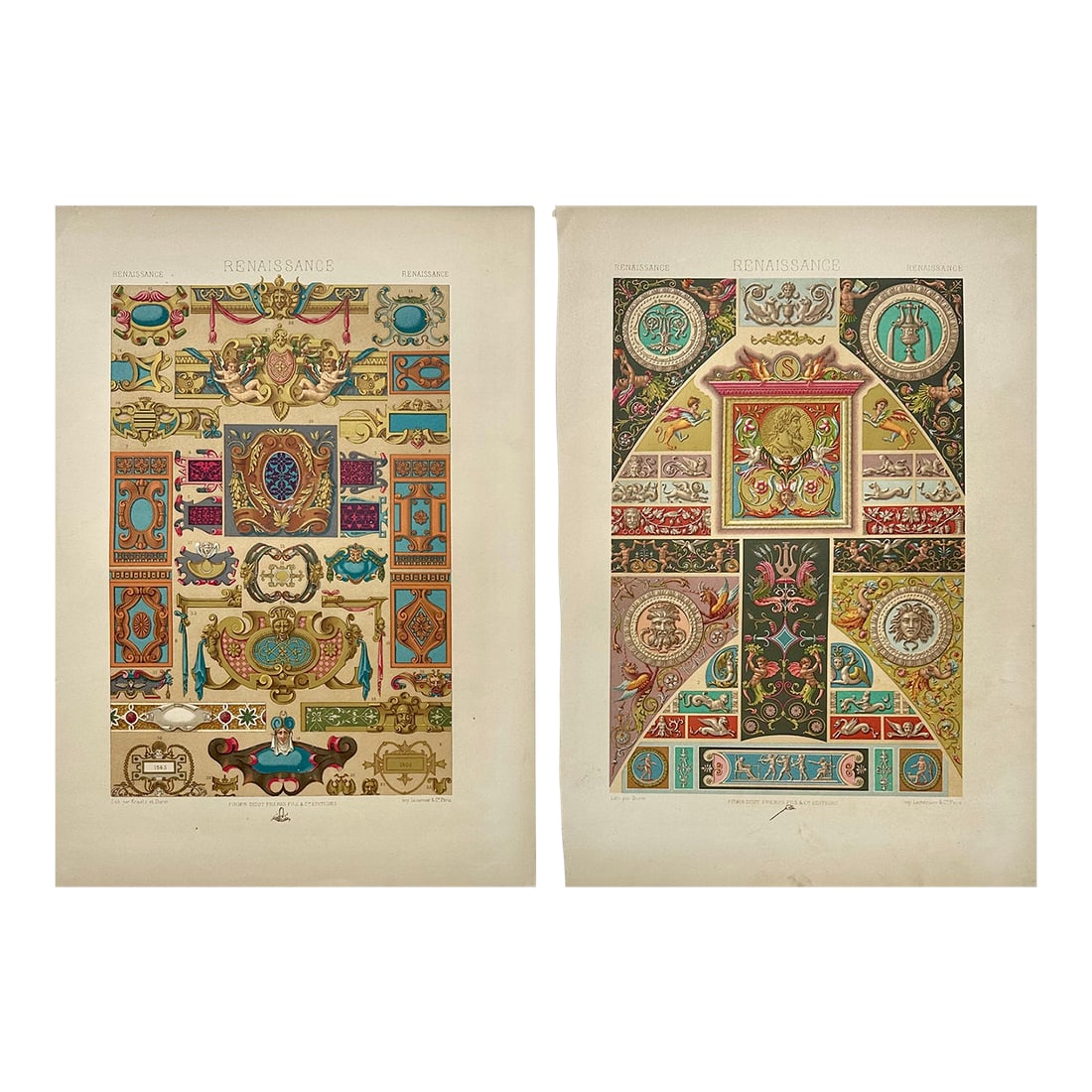 1873 Racinet l'Ornement Polychrome Chromolithographs – Renaissance Ornament Prints, Pair: Set of 2 original chromolithographs from L'Ornement Polychrome (1873) by renowned French artist and historian Albert-Charles-Auguste Racinet. These plates beautifully illustrate Renaissance