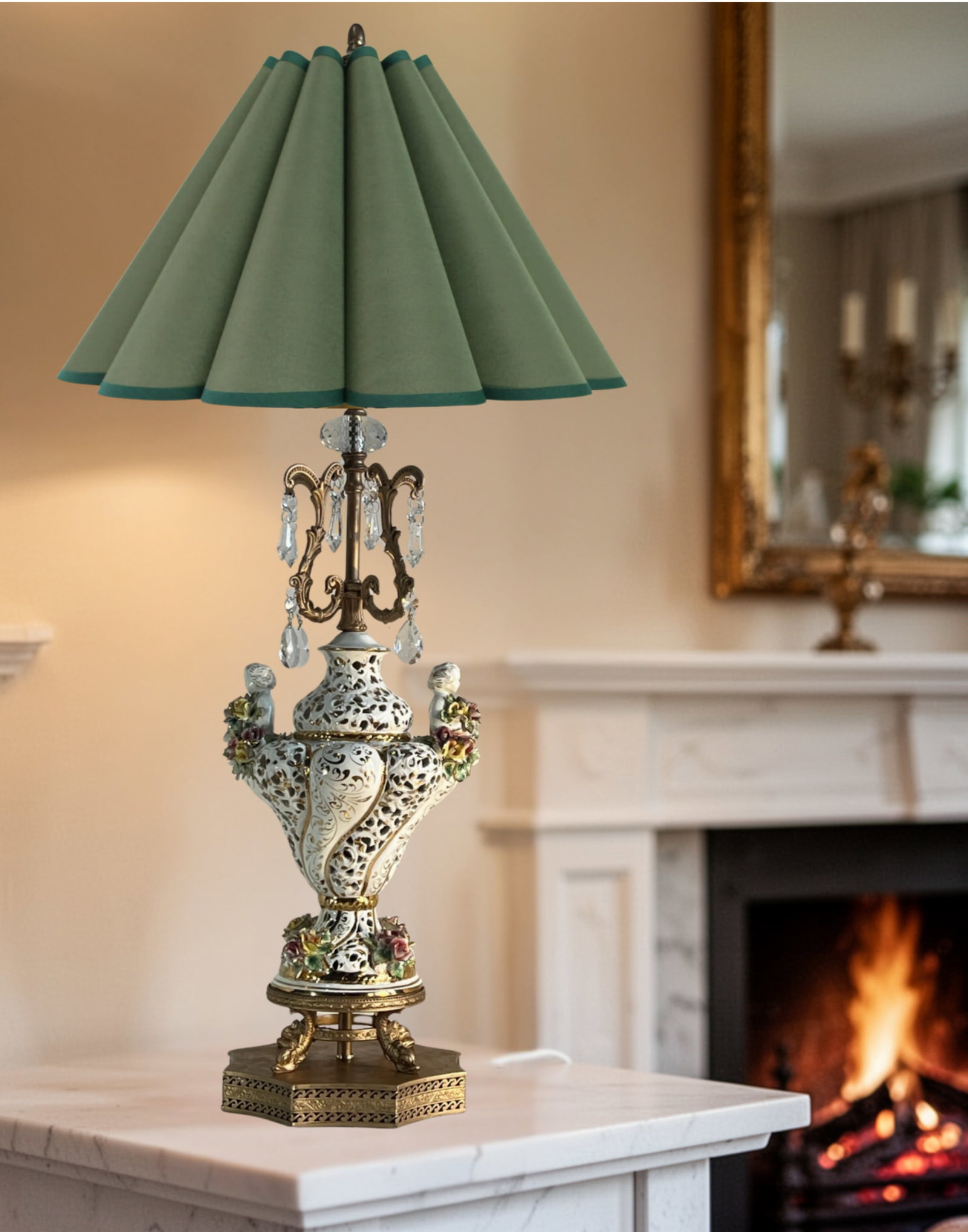Capodimonte Porcelain Cherub Floral Lamp With Crystal Prisms - 10
