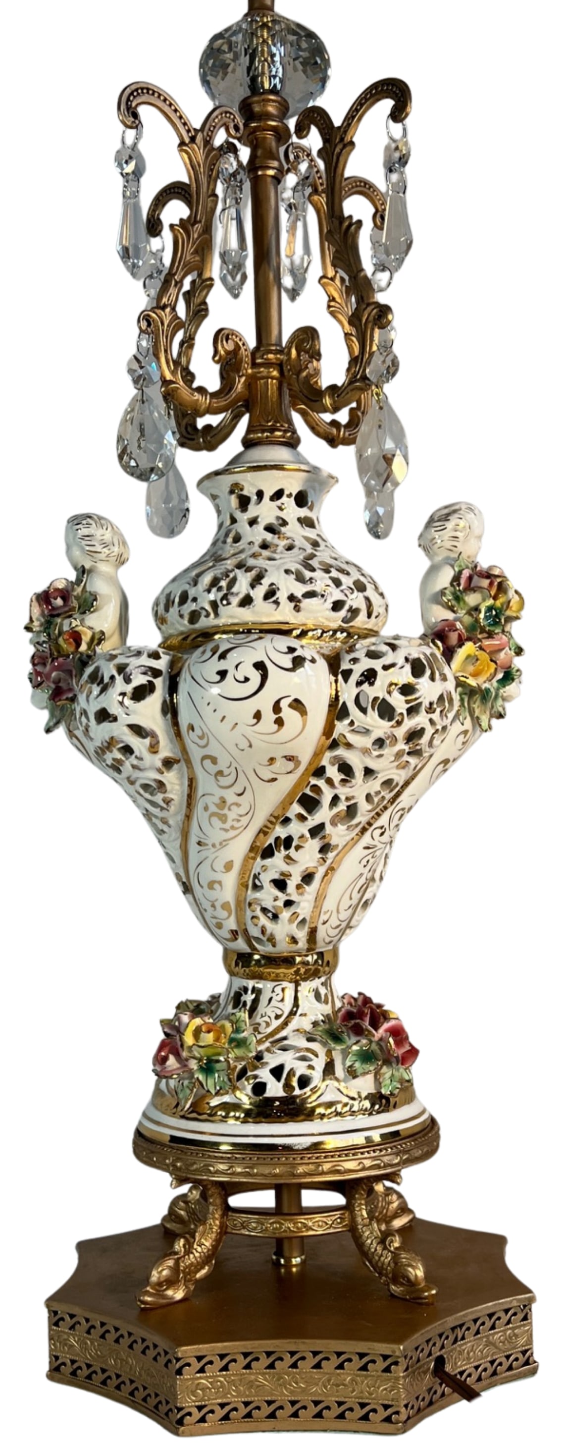 Capodimonte Porcelain Cherub Floral Lamp With Crystal Prisms - 11