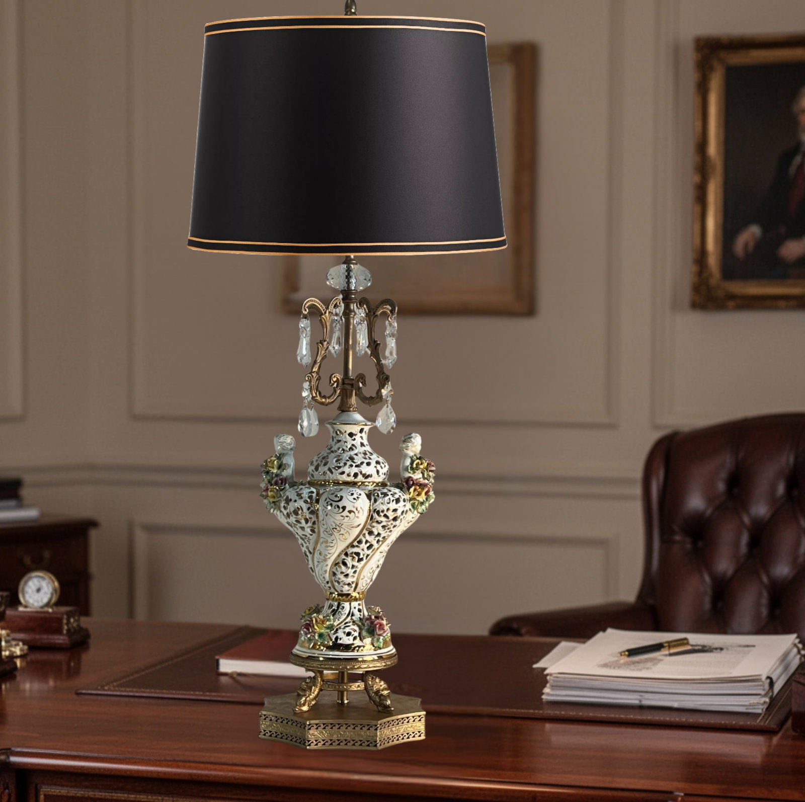 Capodimonte Porcelain Cherub Floral Lamp With Crystal Prisms - 12