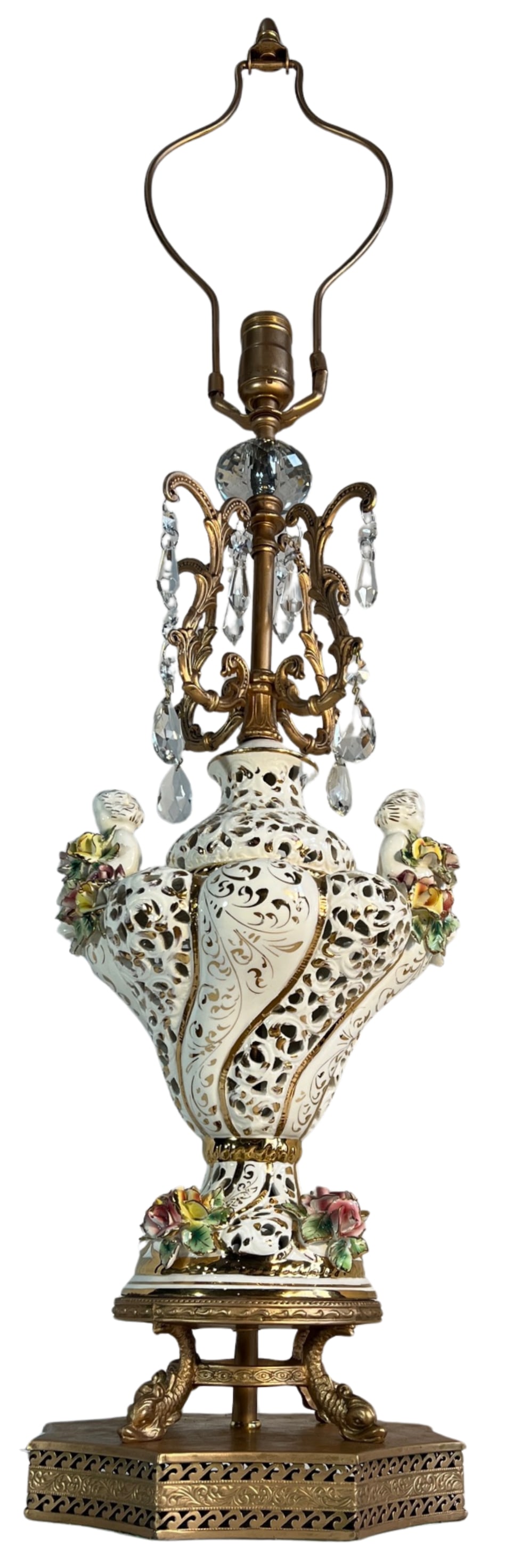 Capodimonte Porcelain Cherub Floral Lamp With Crystal Prisms - 13