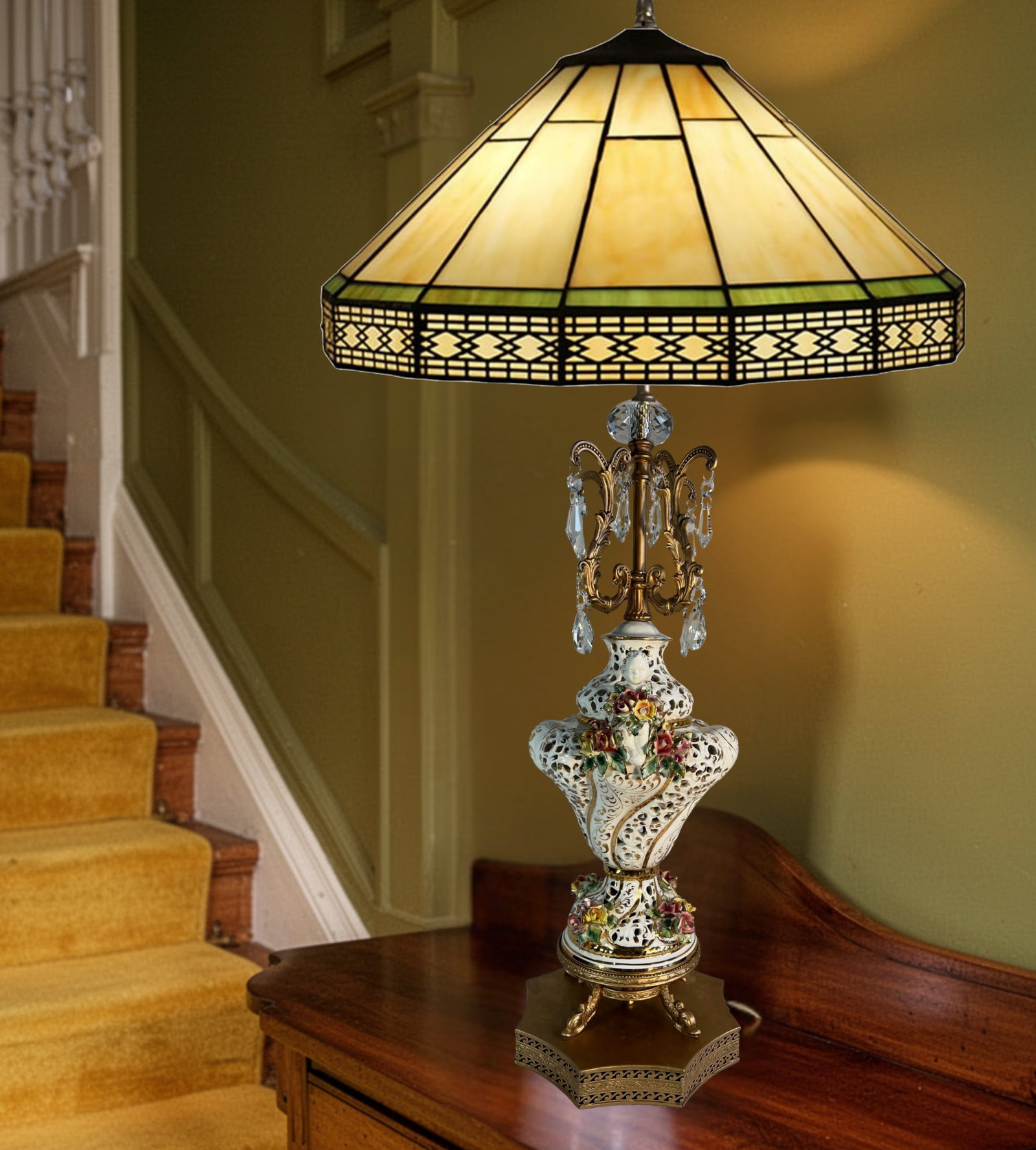 Capodimonte Porcelain Cherub Floral Lamp With Crystal Prisms - 14
