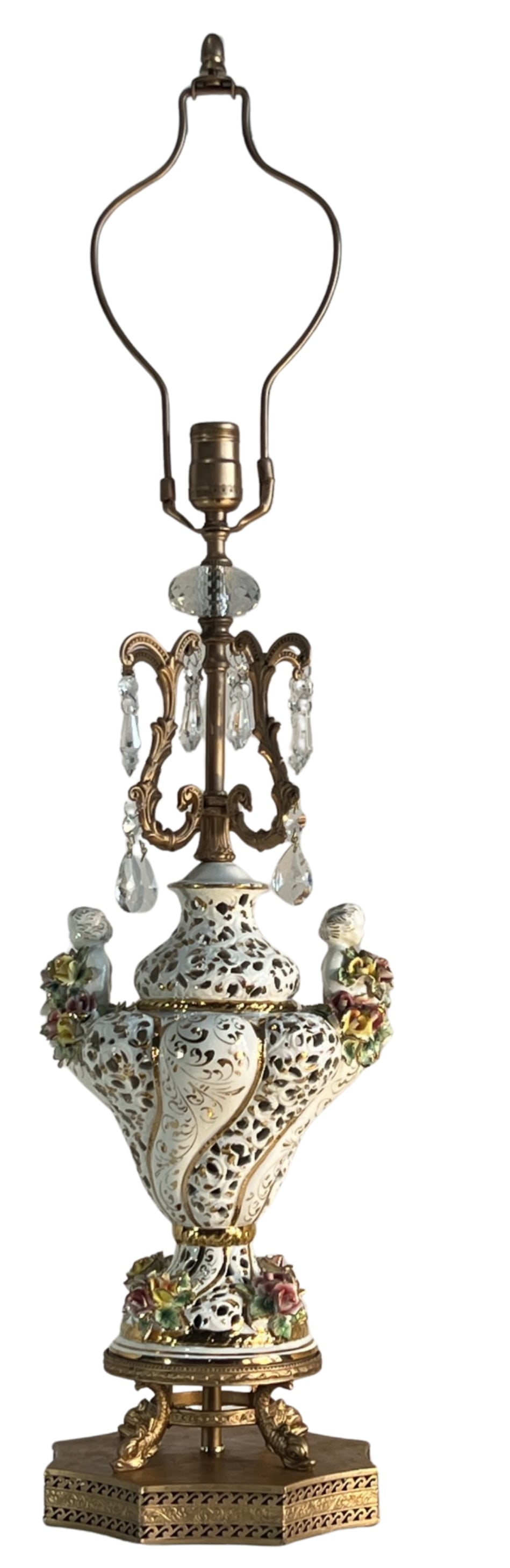 Capodimonte Porcelain Cherub Floral Lamp With Crystal Prisms - 15