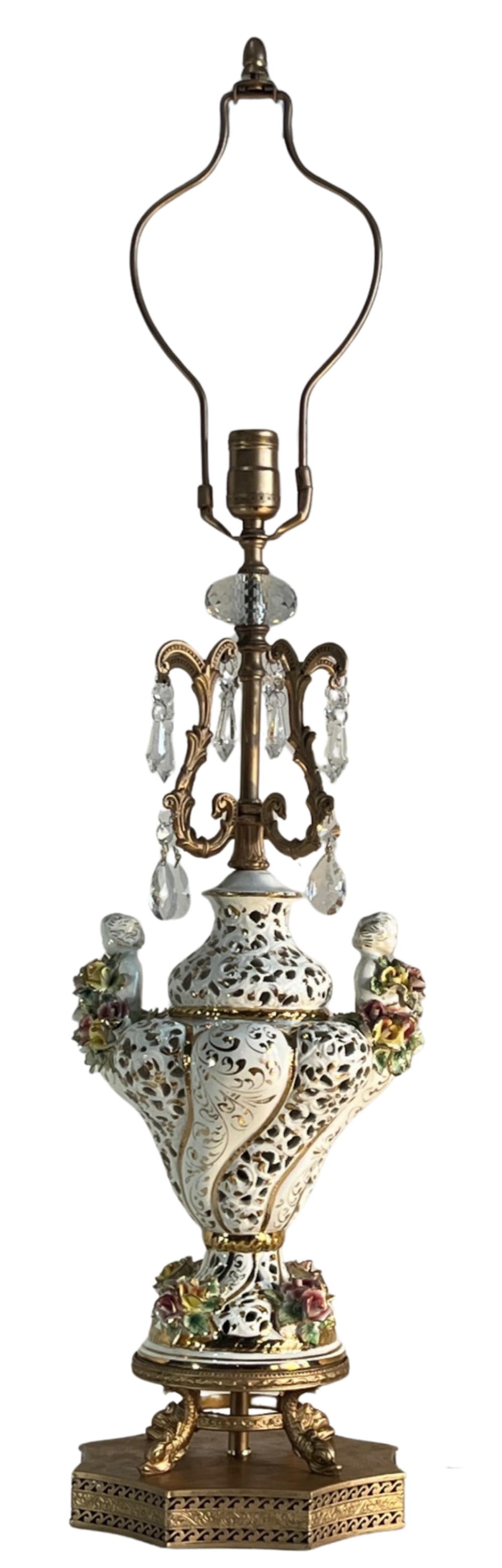 Capodimonte Porcelain Cherub Floral Lamp With Crystal Prisms - 16