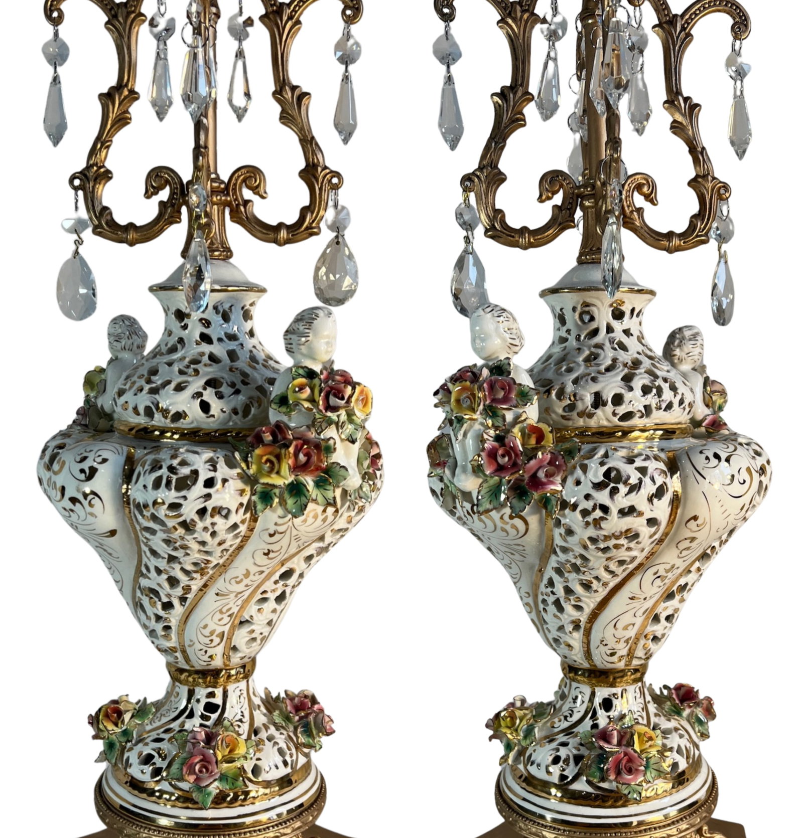 Capodimonte Porcelain Cherub Floral Lamp With Crystal Prisms - 17