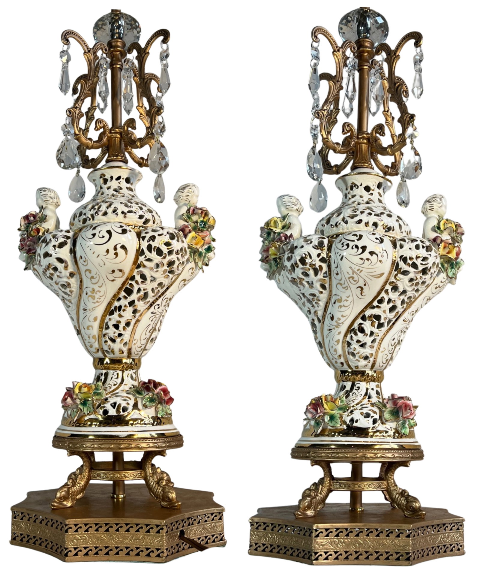 Capodimonte Porcelain Cherub Floral Lamp With Crystal Prisms - 18