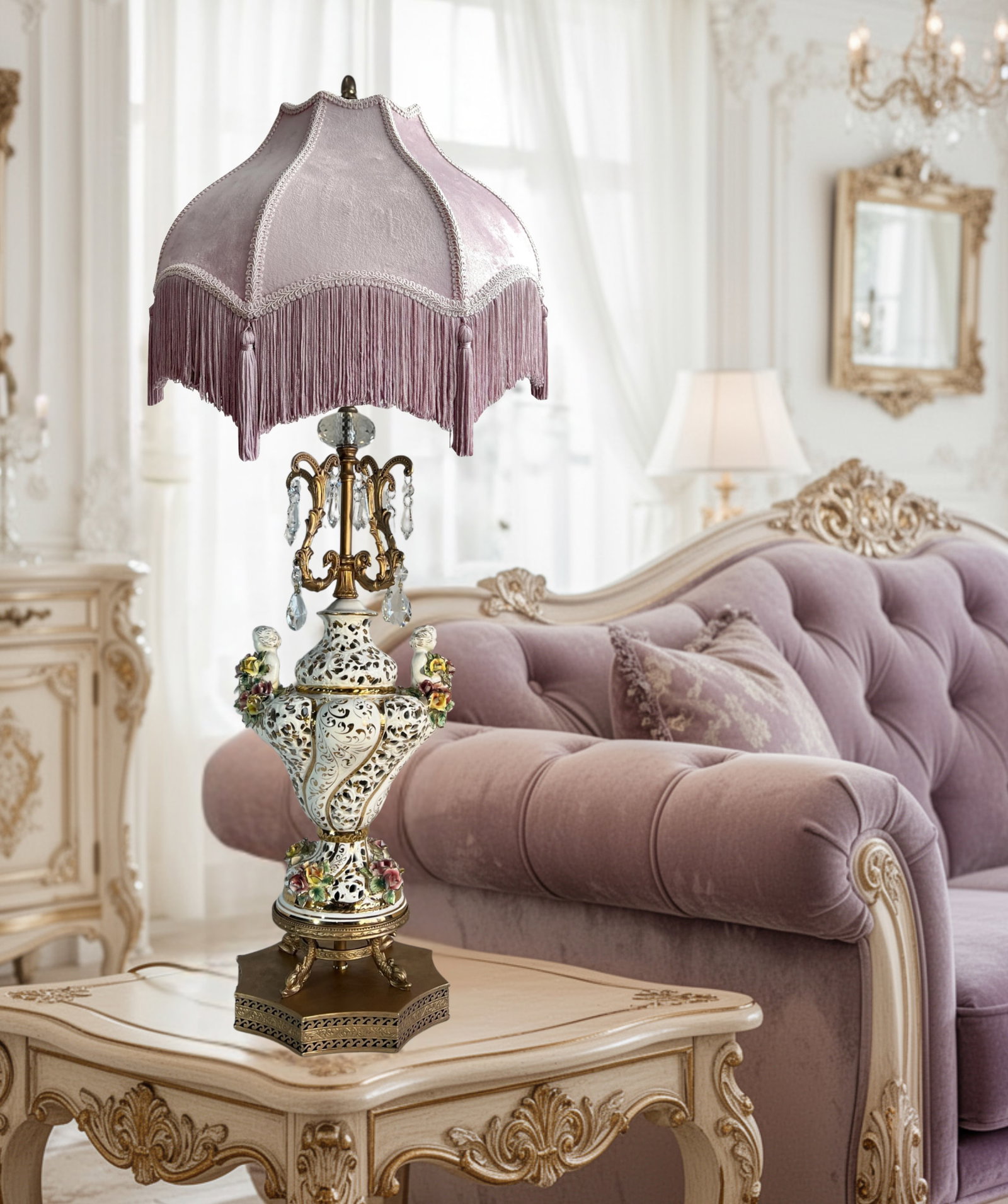 Capodimonte Porcelain Cherub Floral Lamp With Crystal Prisms - 2