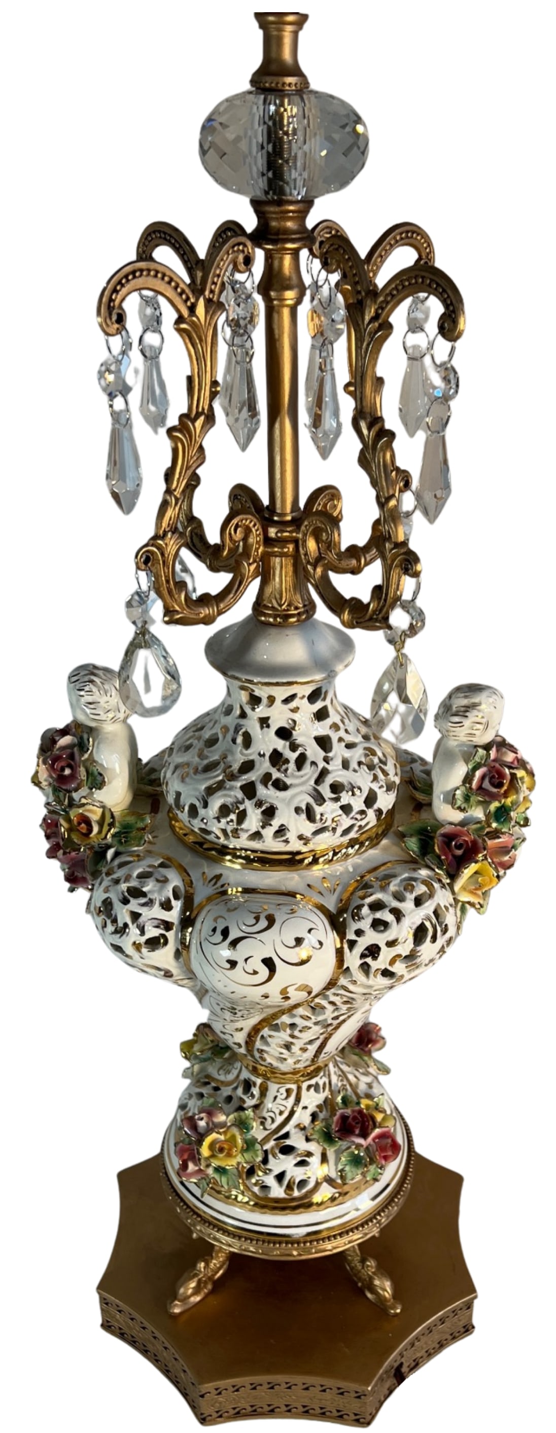 Capodimonte Porcelain Cherub Floral Lamp With Crystal Prisms - 3