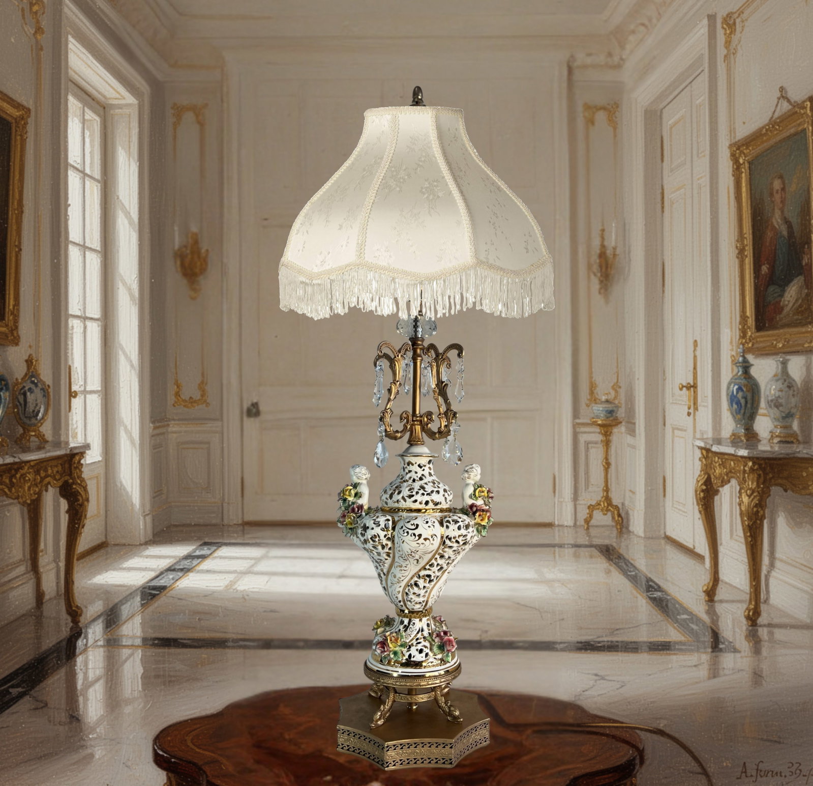 Capodimonte Porcelain Cherub Floral Lamp With Crystal Prisms - 4