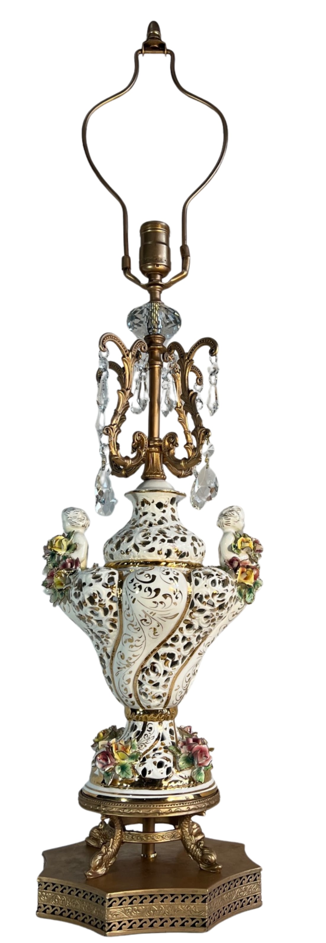 Capodimonte Porcelain Cherub Floral Lamp With Crystal Prisms - 5