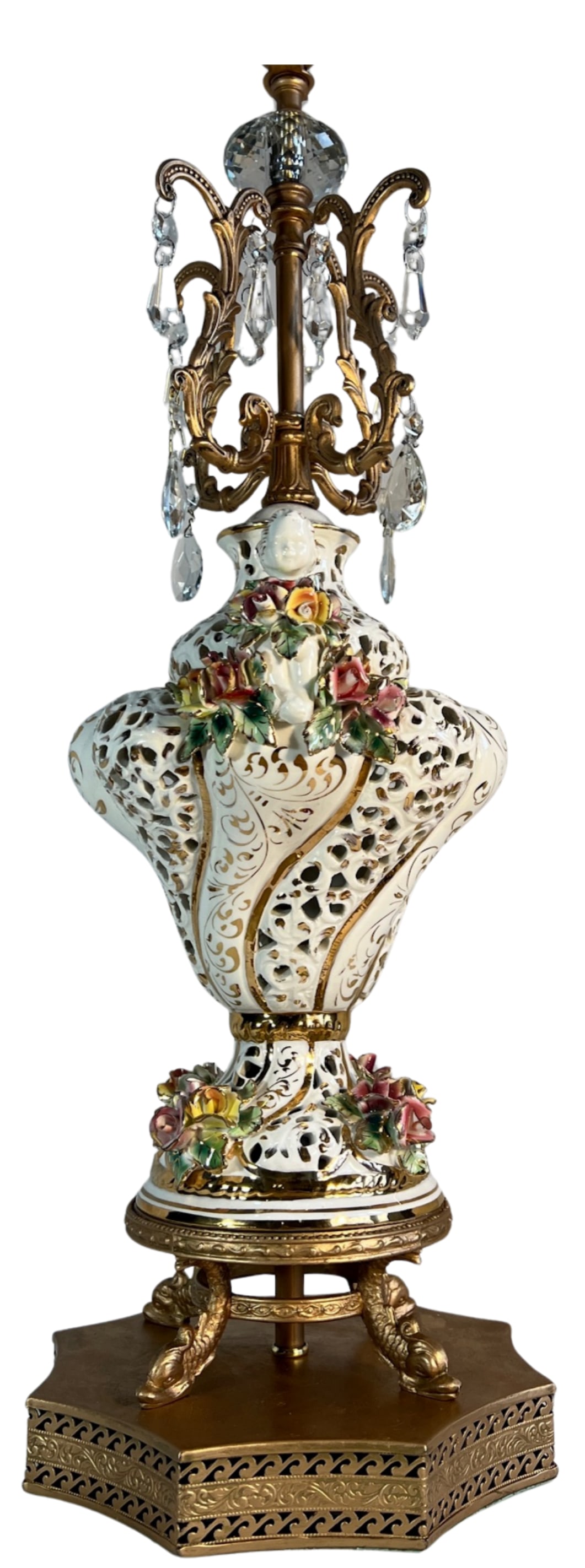 Capodimonte Porcelain Cherub Floral Lamp With Crystal Prisms - 7