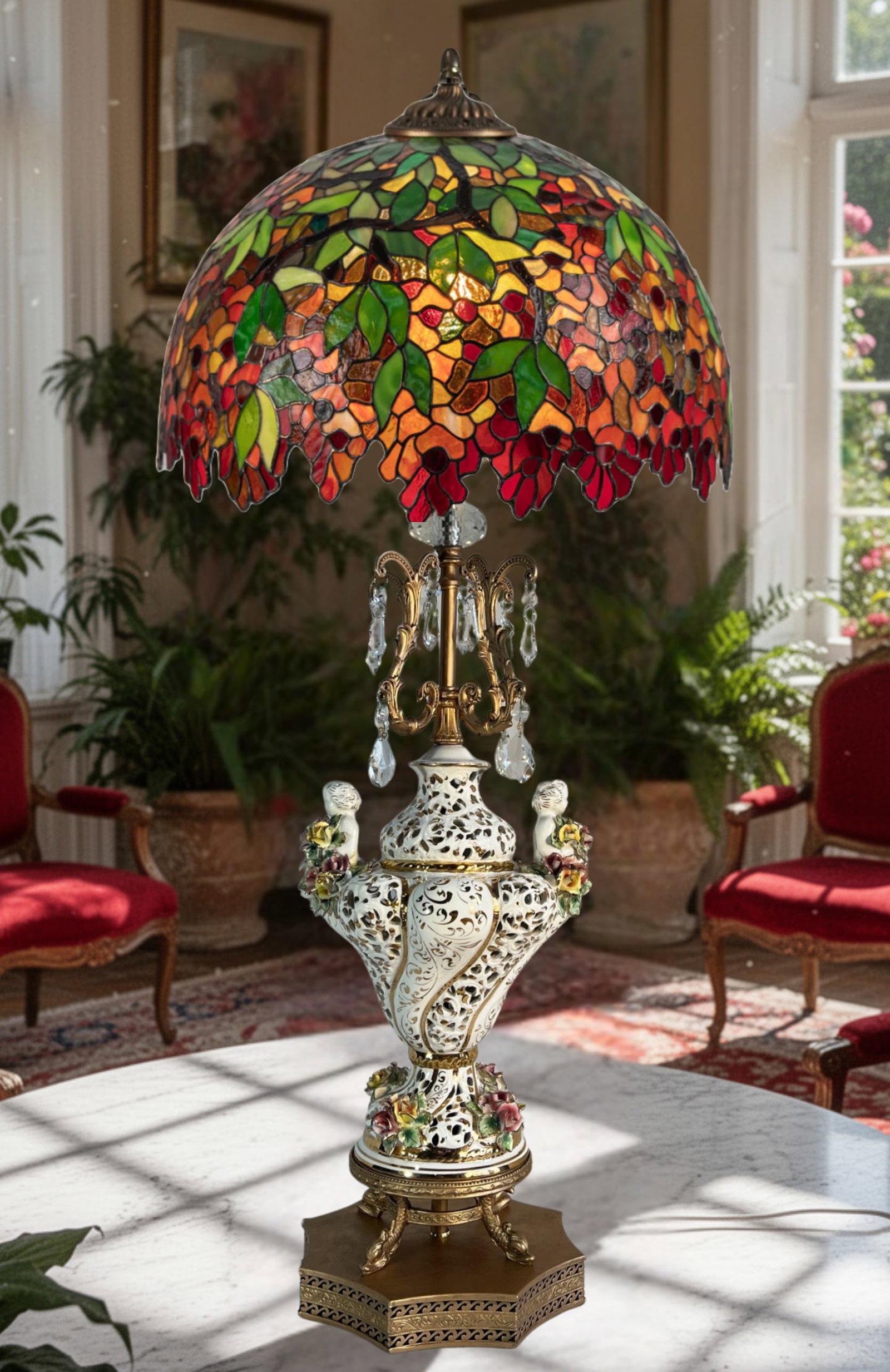 Capodimonte Porcelain Cherub Floral Lamp With Crystal Prisms - 8