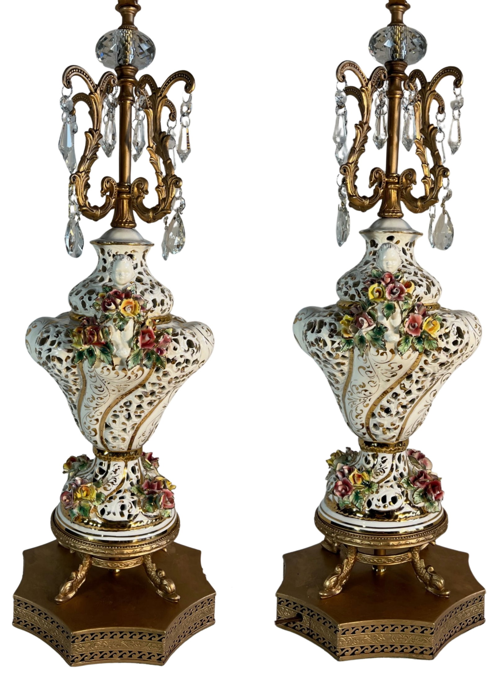 Capodimonte Porcelain Cherub Floral Lamp With Crystal Prisms - 9