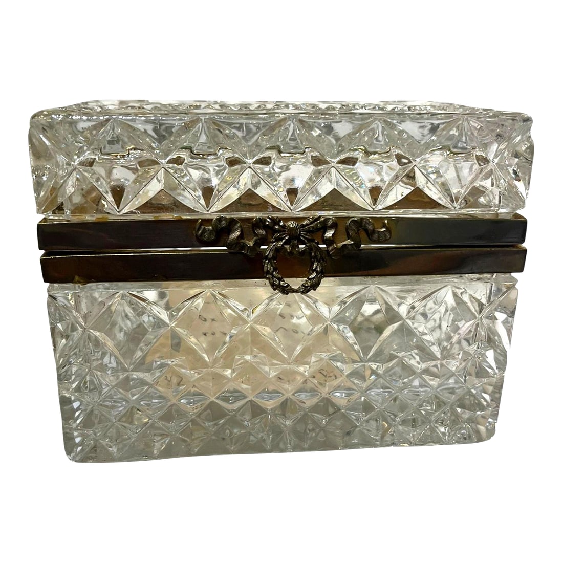 Antique French Cut Crystal Box With Bronze Mounts: Beautiful antique French cut crystal box with ornate bronze mounts dating to circa 1880. The crystal panels are deeply cut with geometric facets that create wonderful light reflection and brilliance.