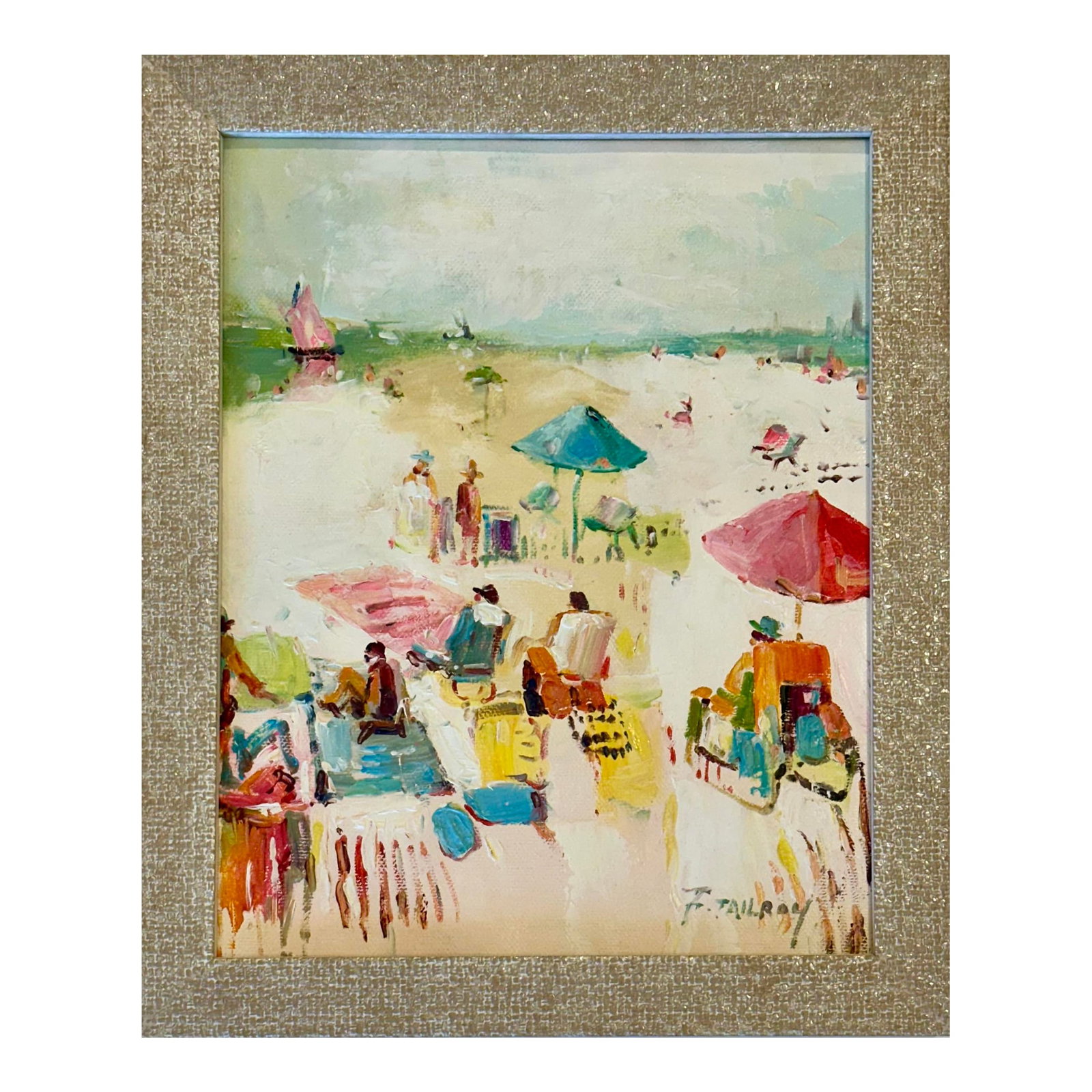 Beach Scene in Pastels, Original Painting Framed by Tailroy: Original oil painting by the artist Tailroy, 2024. An impressionistic beach painting filled with soft blues, warm sand tones, and playful pops of pink and teal. Textured brushstrokes and abstract
