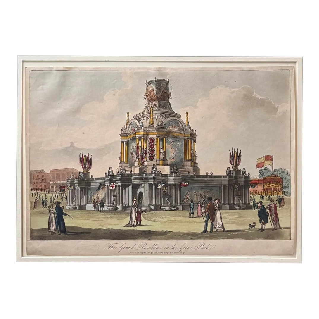 1814 Historical Hand Colored Etching of the Grand Pavilion Erected in Green Park, London: 1814 Historical Hand Colored Etching of the Grand Pavilion Erected in Green Park, London. Condition: Alterations: Original Condition Unaltered Imperfections: Some Imperfections Condition Notes: Good