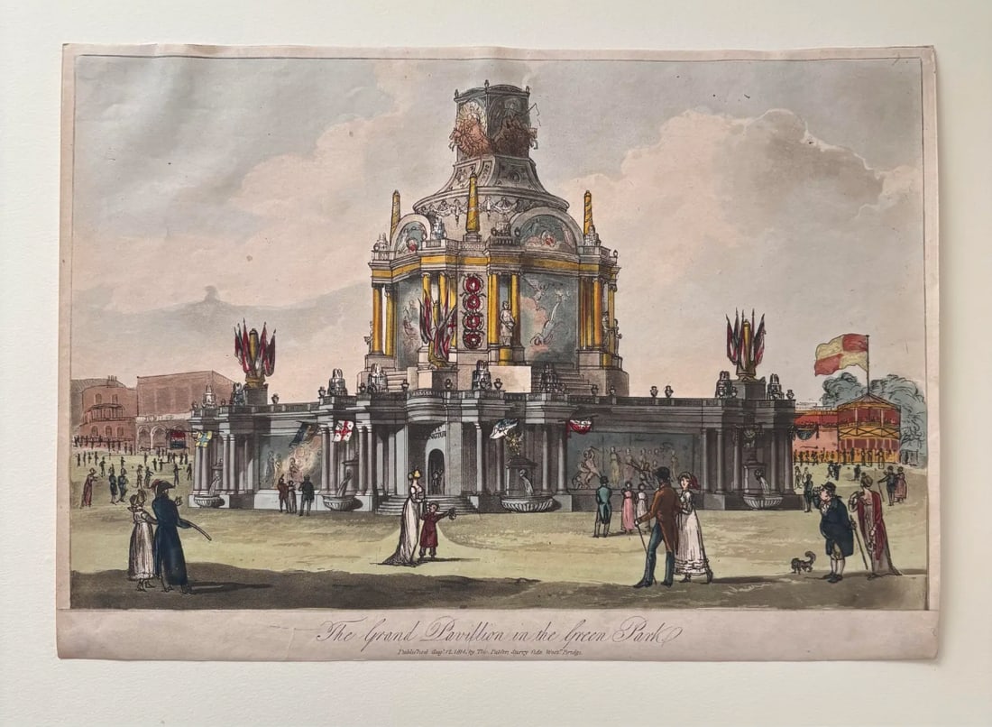 1814 Historical Hand Colored Etching of the Grand Pavilion Erected in Green Park, London - 2