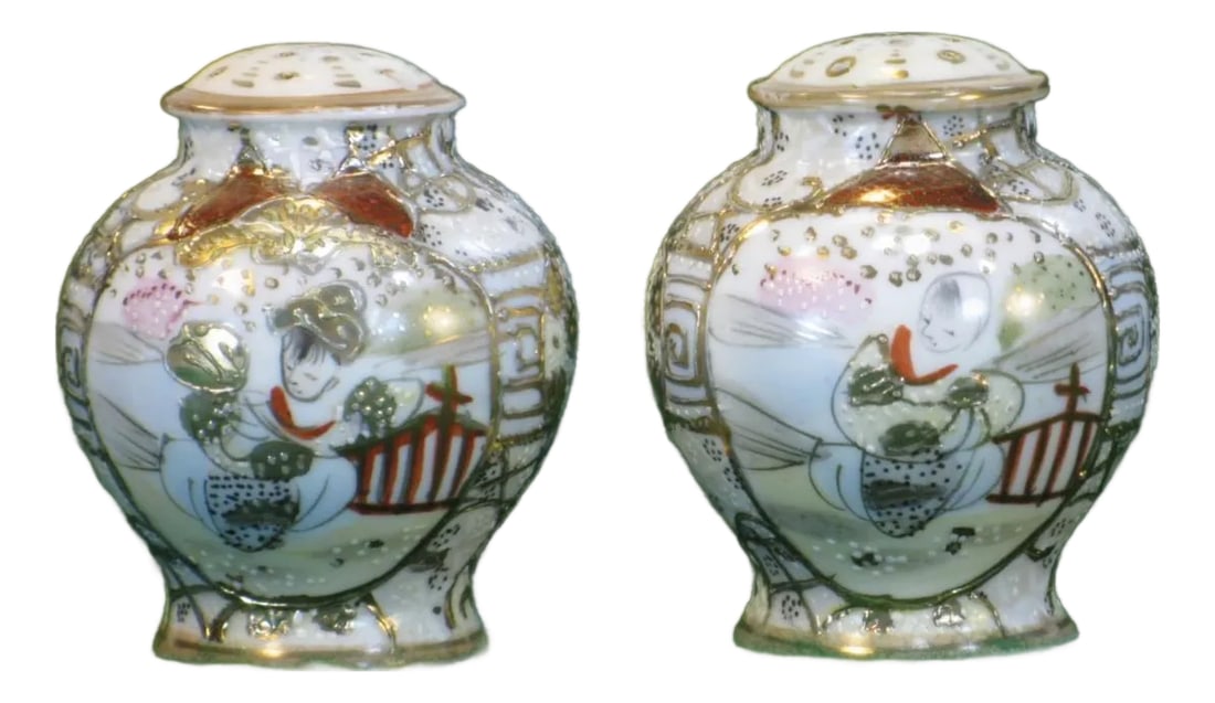 Antique Salt & Pepper Shakers Satsuma Porcelain Gold Beaded Very Ornate: Gorgeous Antique Satsuma Salt and Pepper Shakers! All hand painted and beaded; these are unbelievably beautiful. Delicate portraits of people. tons of gold white and black beading, very ornate. You