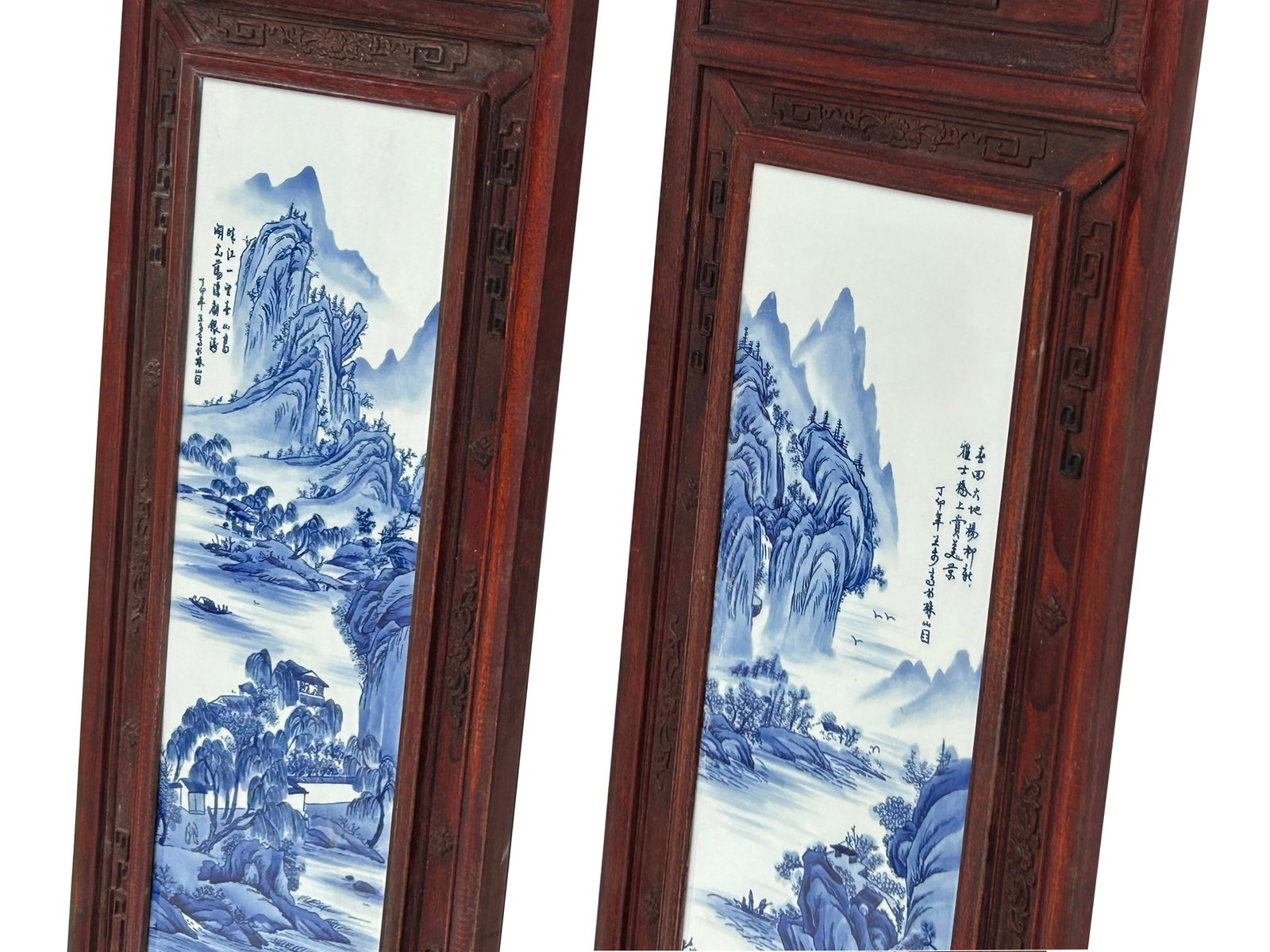 Pair Chinese Blue White Landscape Porcelain Painting Wall Panels - 10