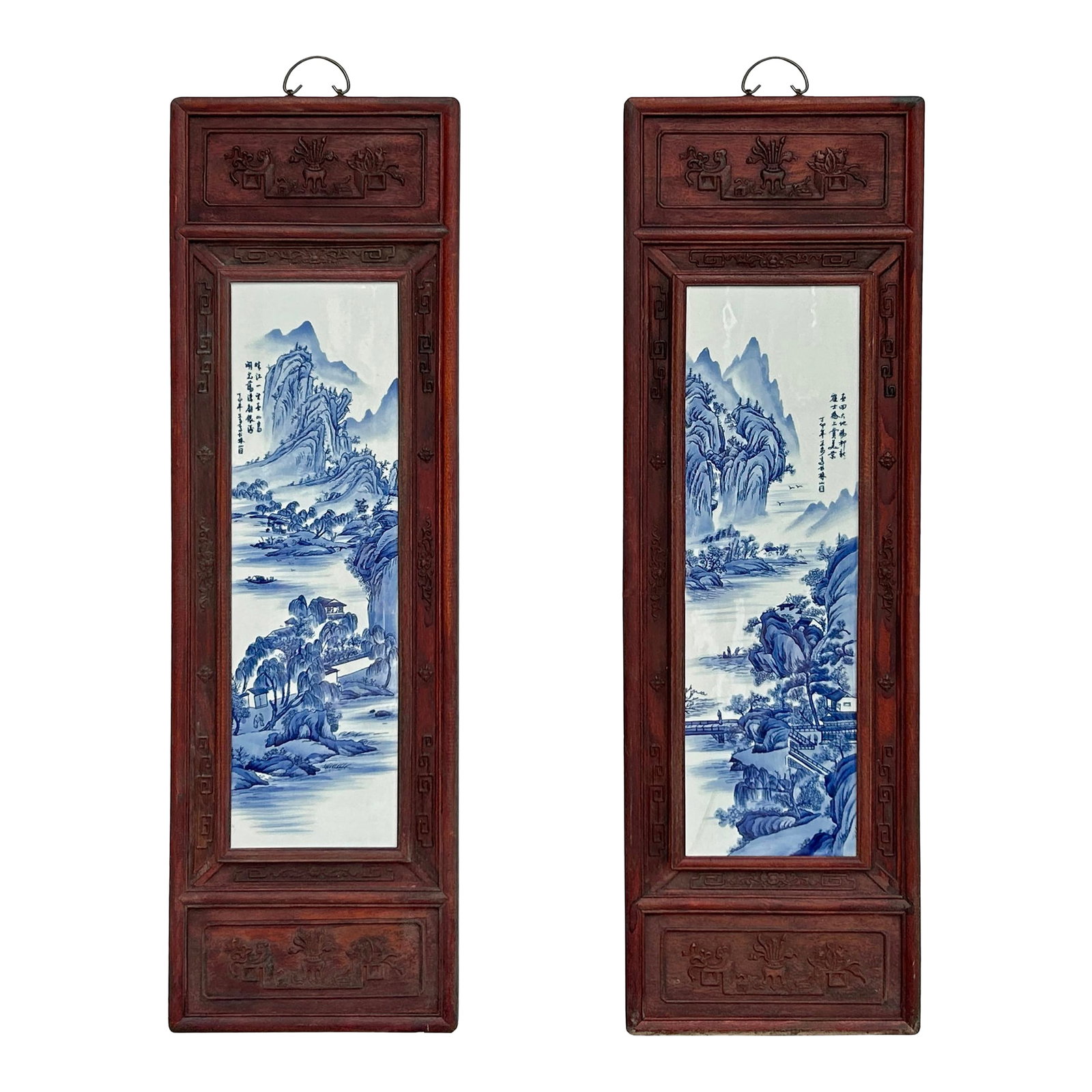 Pair Chinese Blue White Landscape Porcelain Painting Wall Panels (1 of 10)