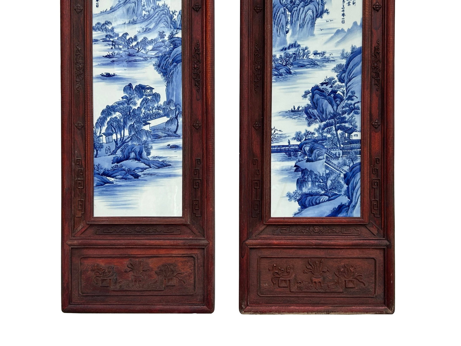 Pair Chinese Blue White Landscape Porcelain Painting Wall Panels - 9
