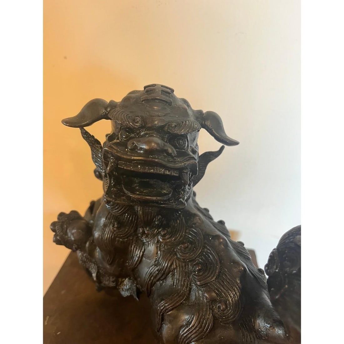 Antique Chinese Bronze Foo Dog Censer 9"H Heavy 6.5lb Guardian Lion Sculpture - 14