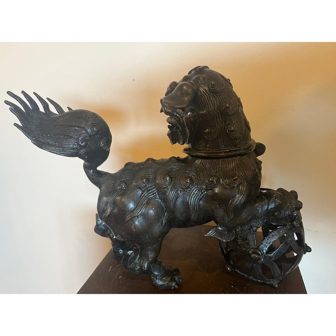 Antique Chinese Bronze Foo Dog Censer 9"H Heavy 6.5lb Guardian Lion Sculpture - 2