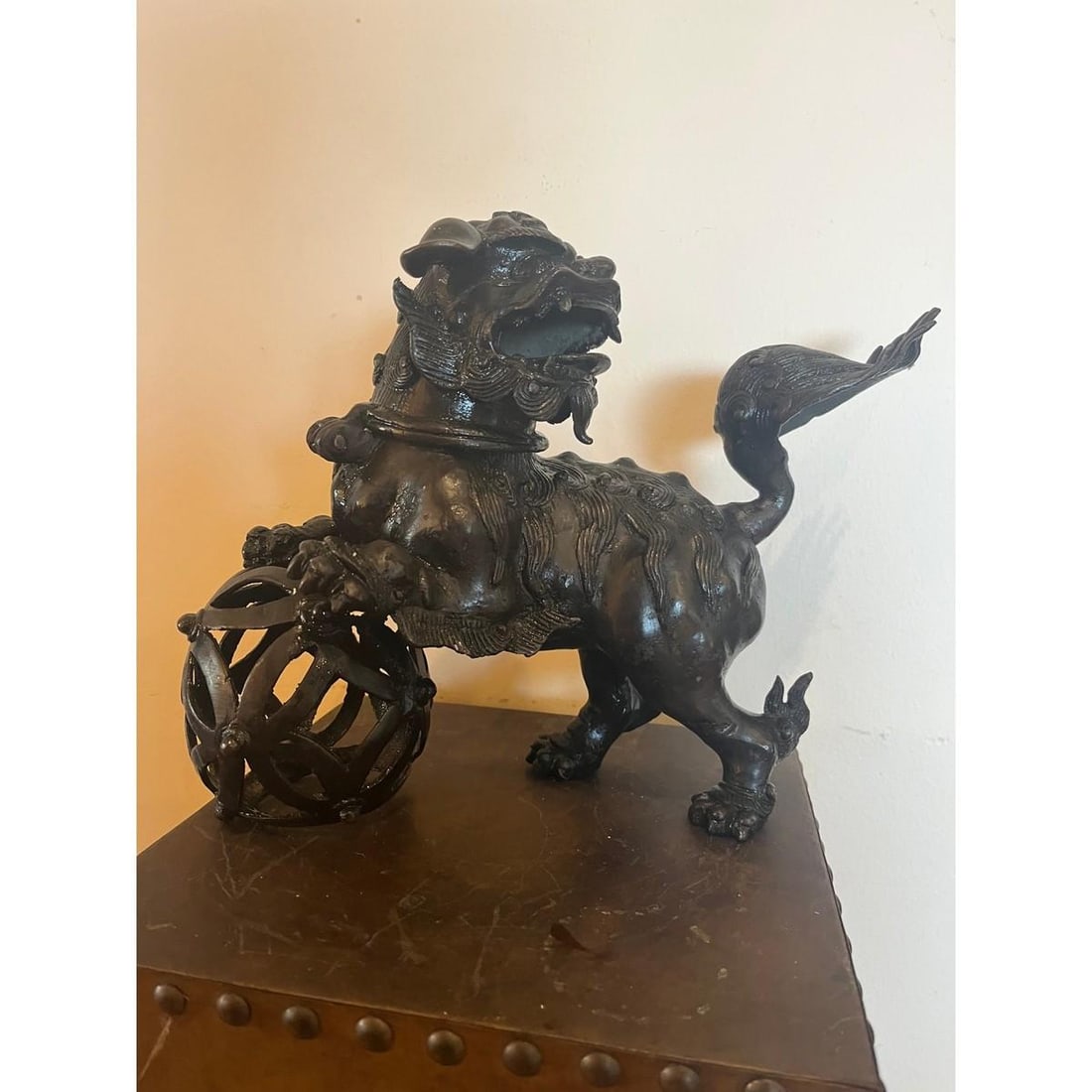 Antique Chinese Bronze Foo Dog Censer 9"H Heavy 6.5lb Guardian Lion Sculpture - 8