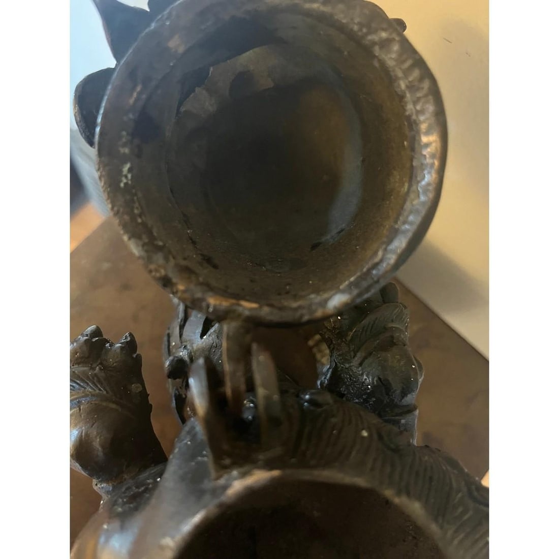 Antique Chinese Bronze Foo Dog Censer 9"H Heavy 6.5lb Guardian Lion Sculpture - 9