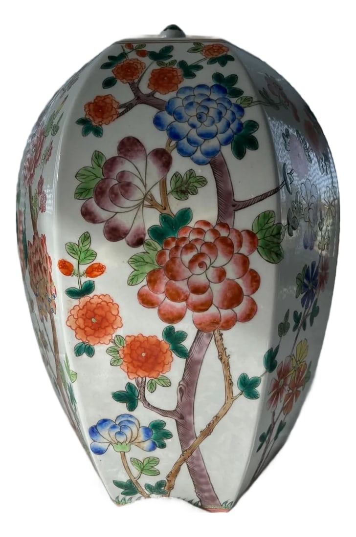 Vintage 14Â” Chinese Famille Rose Hexagonal Ginger Jar Peony Millefleurs: For your consideration is a stunning, large-scale Chinese Famille Rose porcelain ginger jar. Standing an impressive 14 inches tall and weighing over 8 pounds, this hexagonal jar features a vibrant, ha